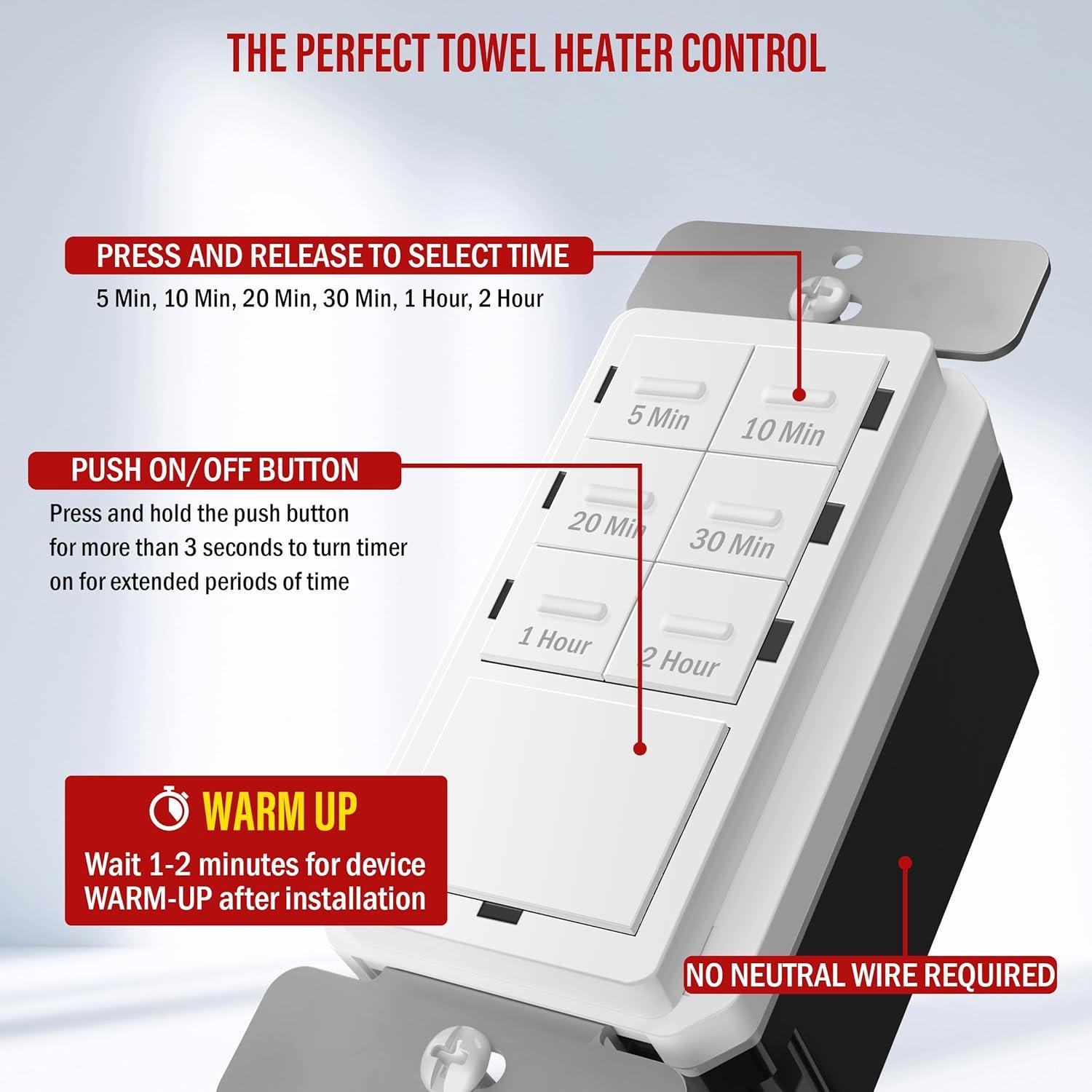 ENERLITES 2-Hour Countdown Timer Switch, 5-10-20-30 Min, 1-2 Hr, for Bathroom Fans, Heaters, Lights, LED Indicator, 120VAC 800W, No Neutral Wire Required, UL Listed, HET06-J-2H-W, White
