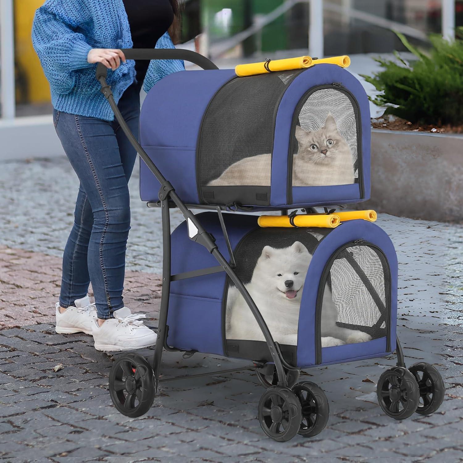 MoNiBloom 4 in 1 Double Pet Stroller, Foldable Cat Stroller for 2 Cats/Dogs with Detachable Carrier Bags & Rear Brakes, Navy Blue/Yellow