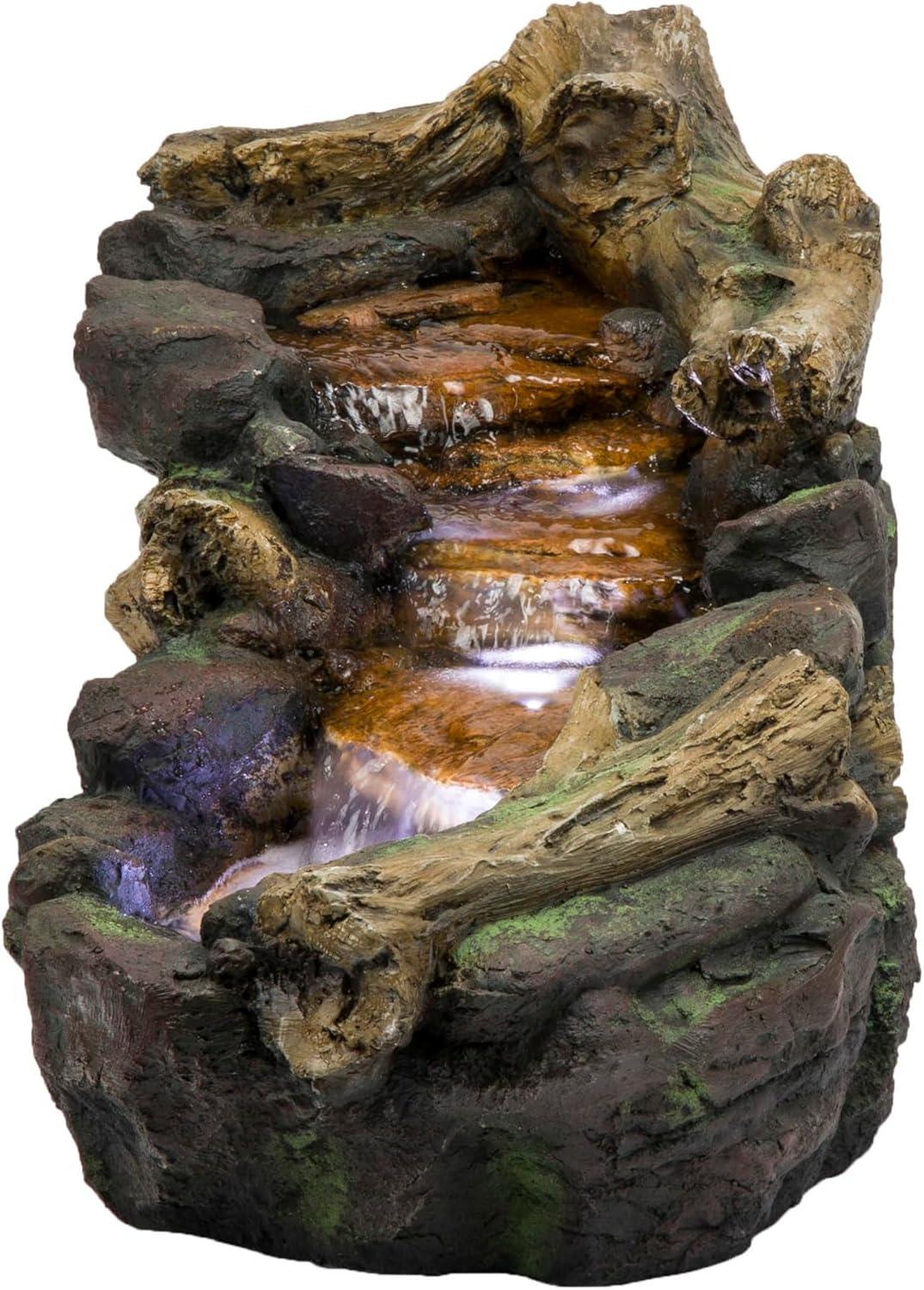 19" Resin River Rocks and Logs Fountain with LED Lights Gray/Cool White - Alpine Corporation: Indoor/Outdoor, Weather-Resistant