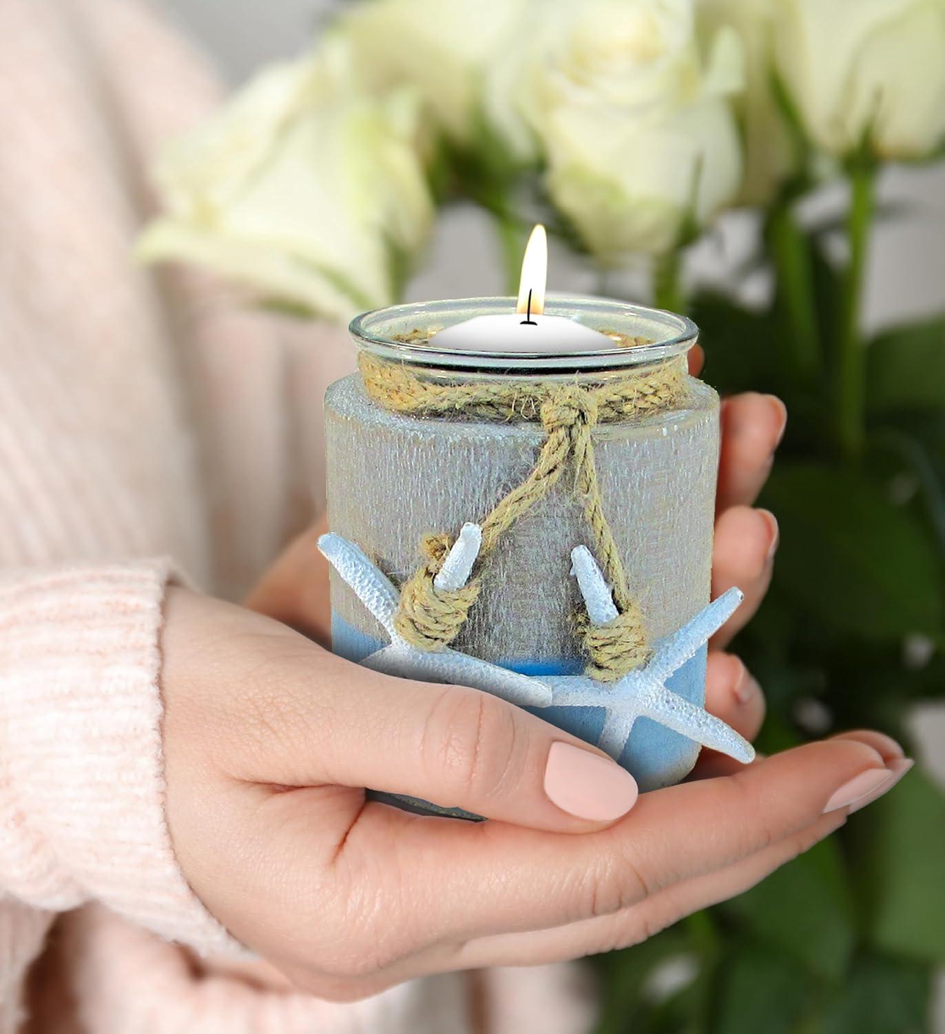 CoTa Global Ocean Breeze Wooden Pillar Candle Holder - Tabletop Coastal Decor Candle Holder with Hanging White Starfish, Ocean-Themed Blue Candle Holder Centerpieces - Handmade, Color May Vary