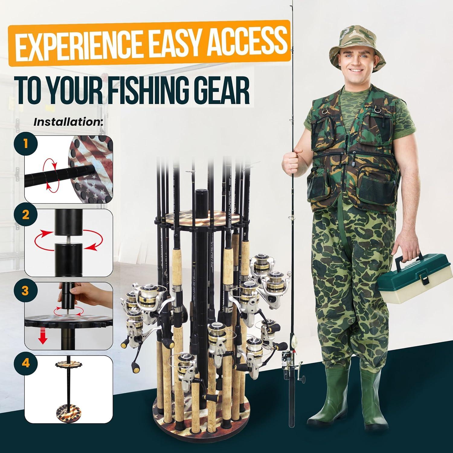 Rush Creek Creations 16 Round Fishing Rod/Pole Storage Floor Rack Americana Finish - Features Heavy Duty Steel Post - No Tool Assembly