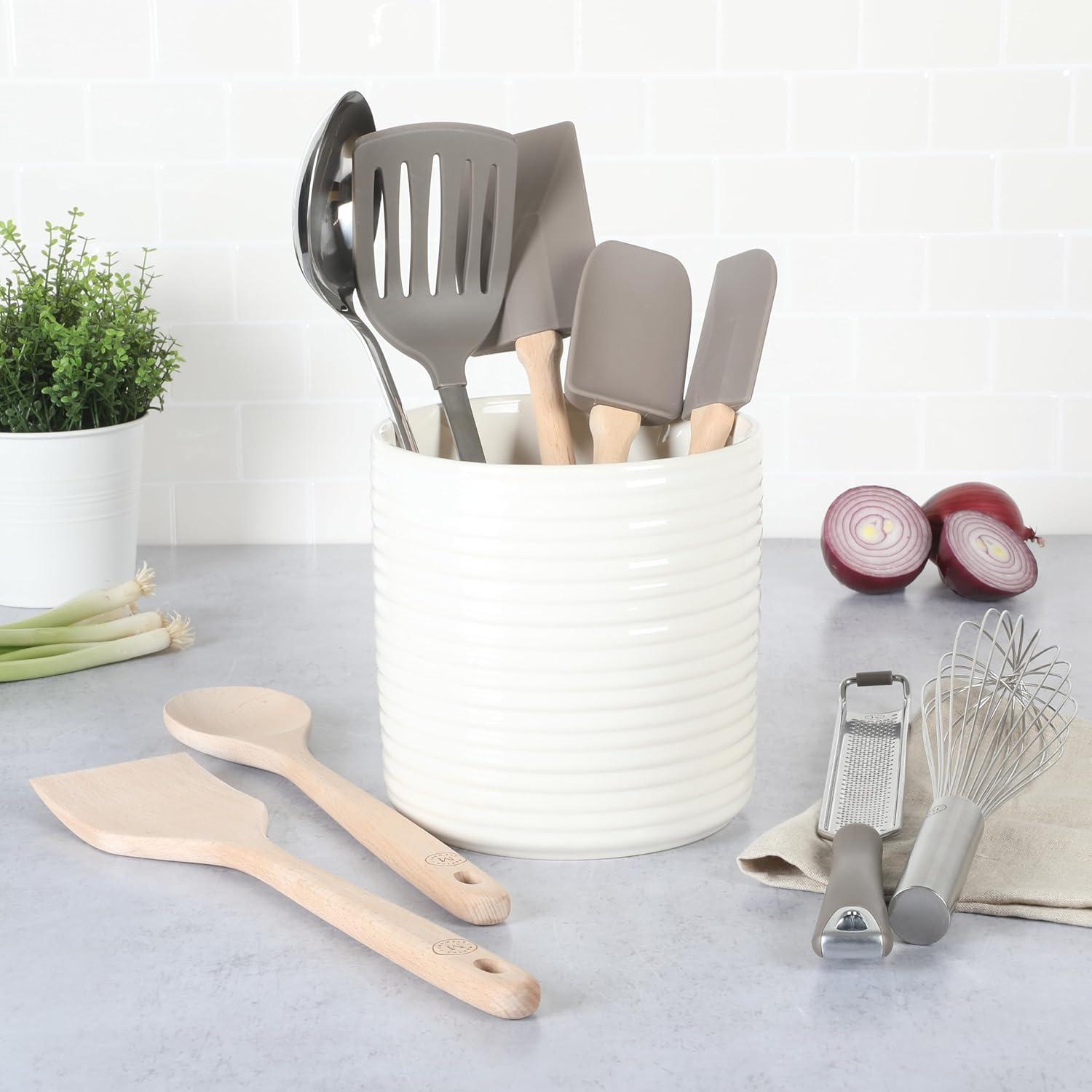 Linen White Ceramic Crock with Grey Kitchen Tools Set