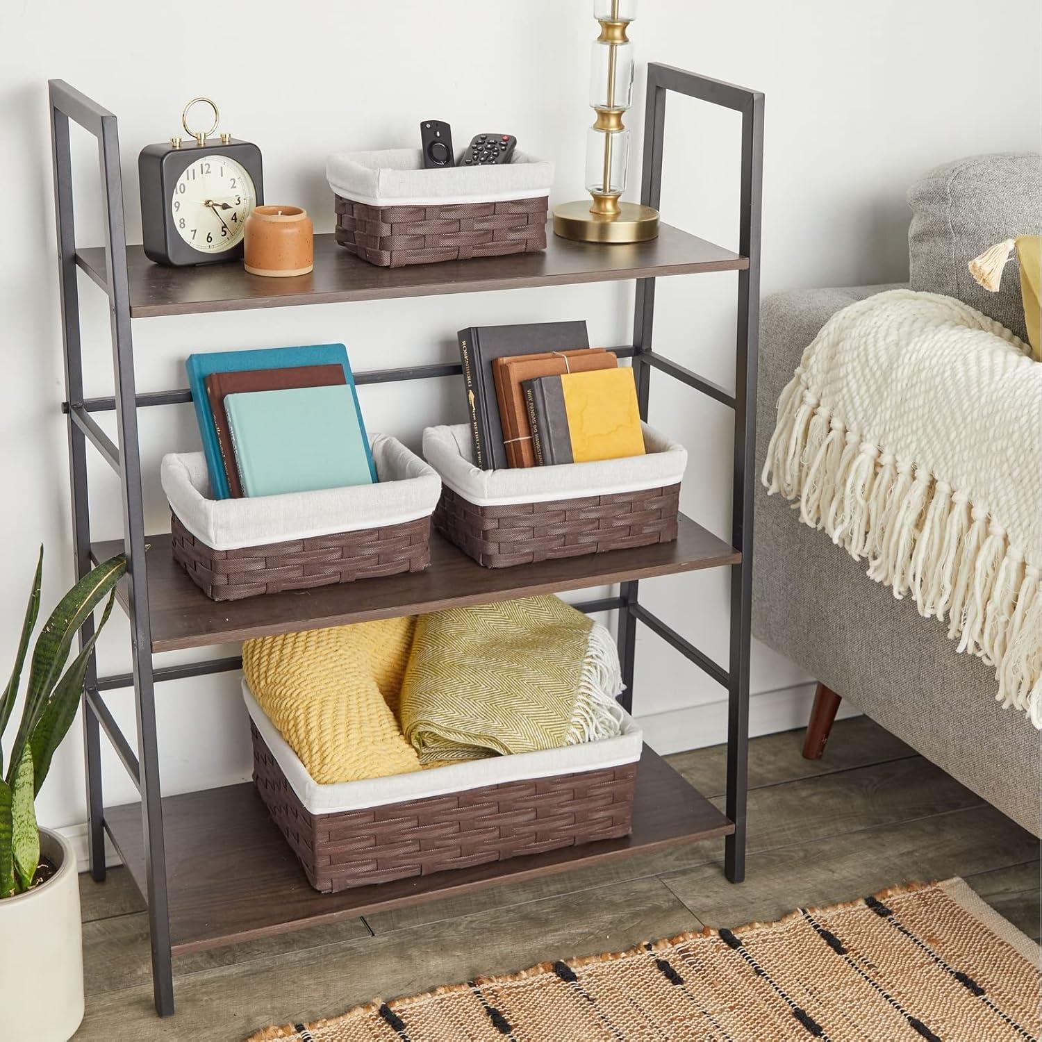 5 Pack Wicker Nesting Baskets with Cloth Lining for Pantry Shelves, Rectangular Storage Bins for Organizing Closet (Brown, 3 Sizes)