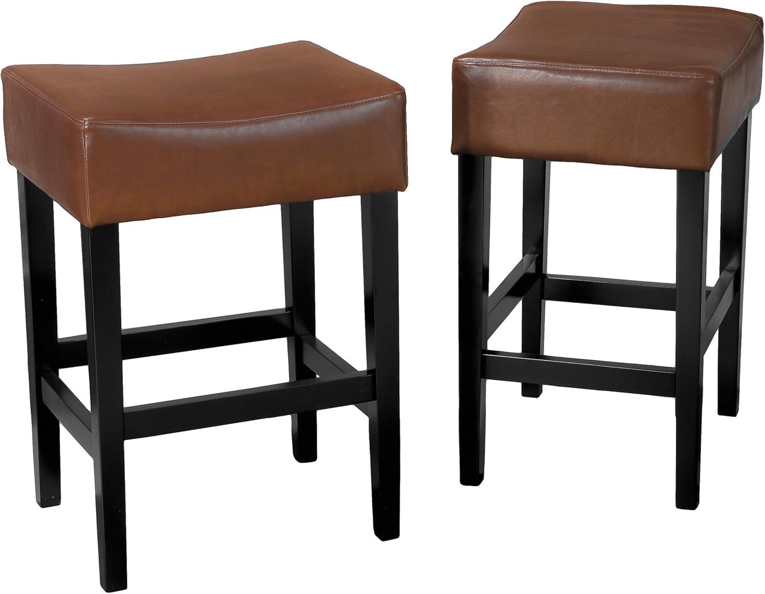 Hazelnut Faux Leather Backless Counter Stools with Espresso Legs, Set of 2