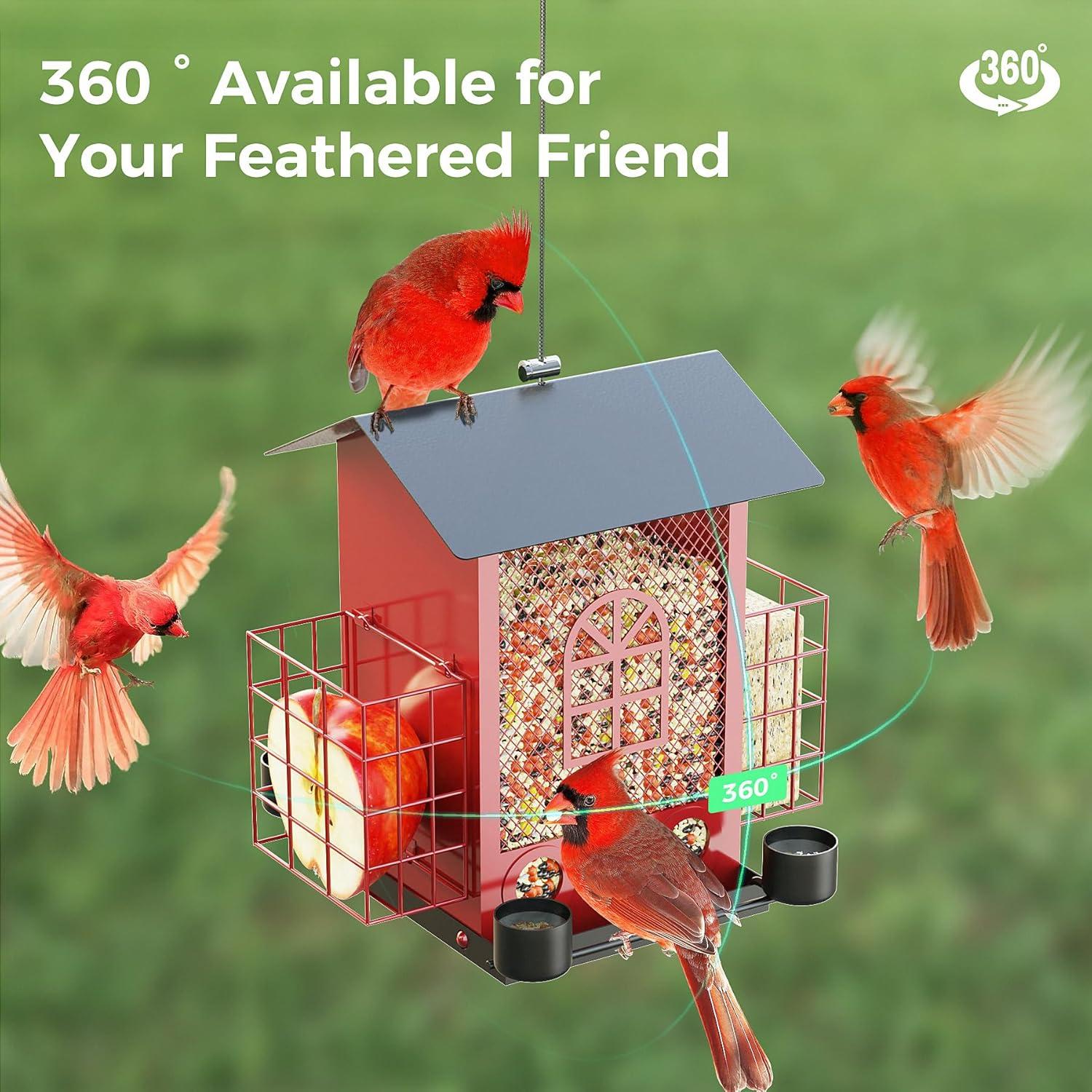 PerchMe® Bird Feeders for Outdoors Hanging, Metal Bird House Feeder with 2 Suet Cage and 4 Water Cups,Large Capacity,Weatherproof,Easy to Clean & Refill-Red