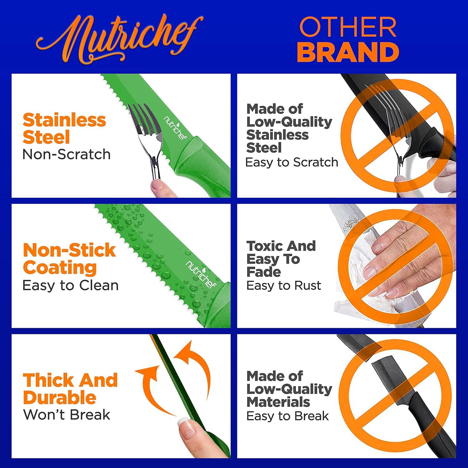 NutriChef 8-Piece Steak Knives Set with Non-Stick Coating and Stainless Steel Blades - Green