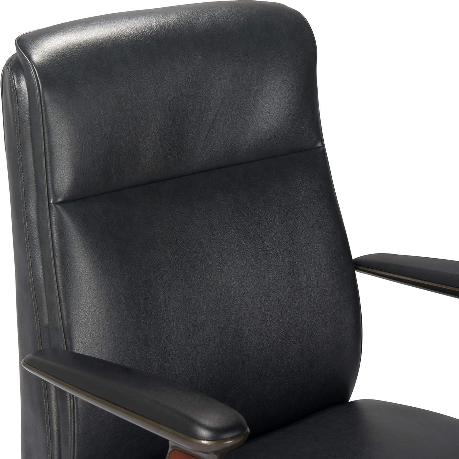 Executive High-Back Black Leather Swivel Office Chair with Wood Accents