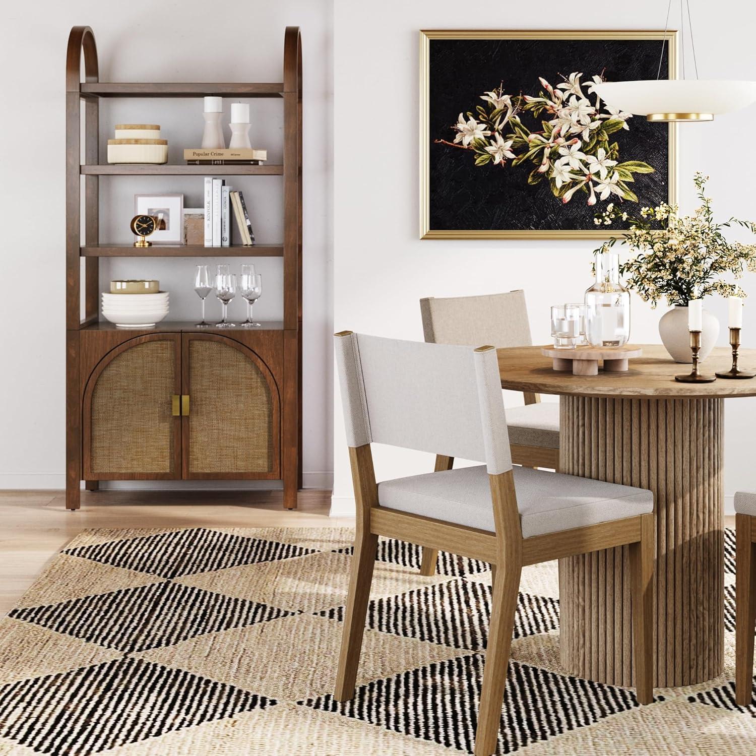 Boho 3-Shelf Bookshelf Cabinet With Rattan Doors