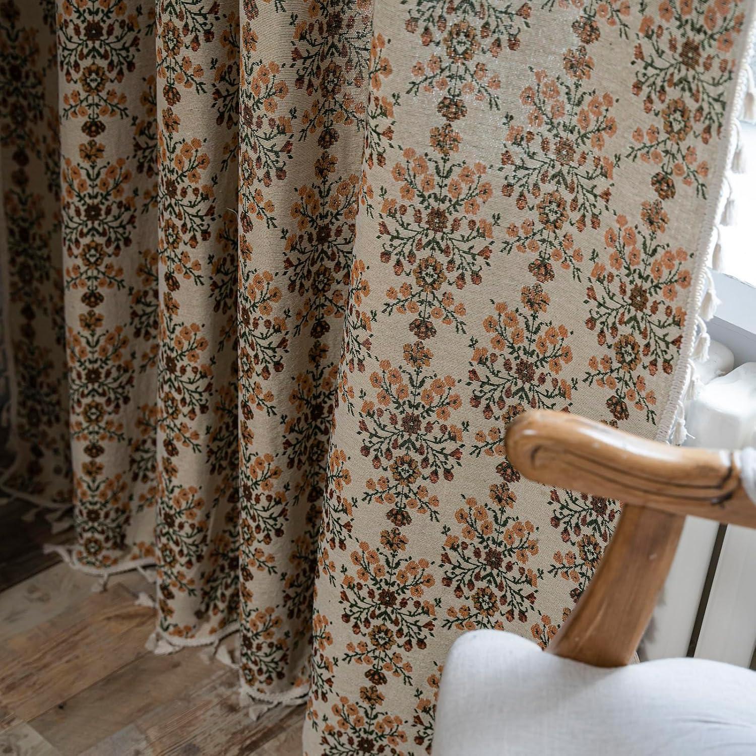 Floral Curtains 63 Inch Length 2 Panels Vintage Flower Patterned Drapes Boho Short Semi Sheer Tassel Rustic Country Rod Pocket Botanical Farmhouse Window Curtain Panels for Bedroom Living Room