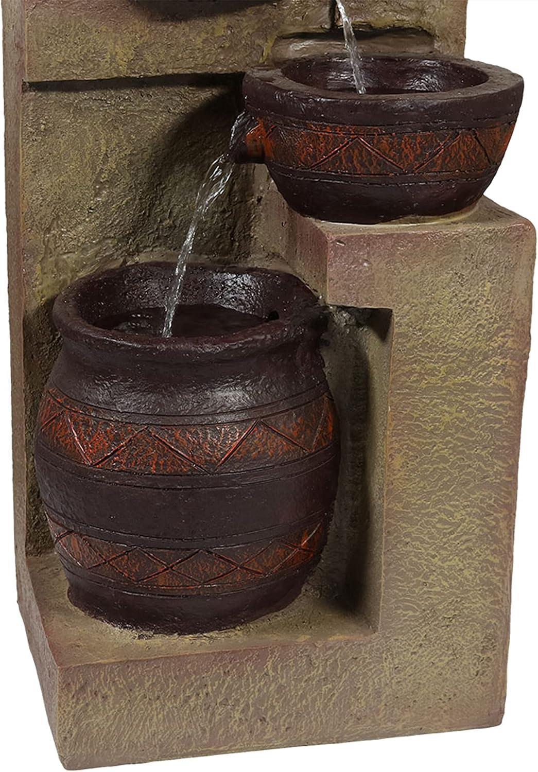 Sunnydaze Outdoor Solar Powered Cascading Terra Bowls Water Fountain with Battery Backup and LED Light - 30"