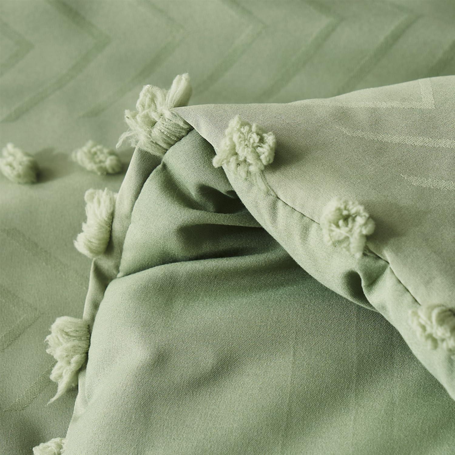 Sage Green Microfiber King Boho Comforter Set with Pom-Pom Accents