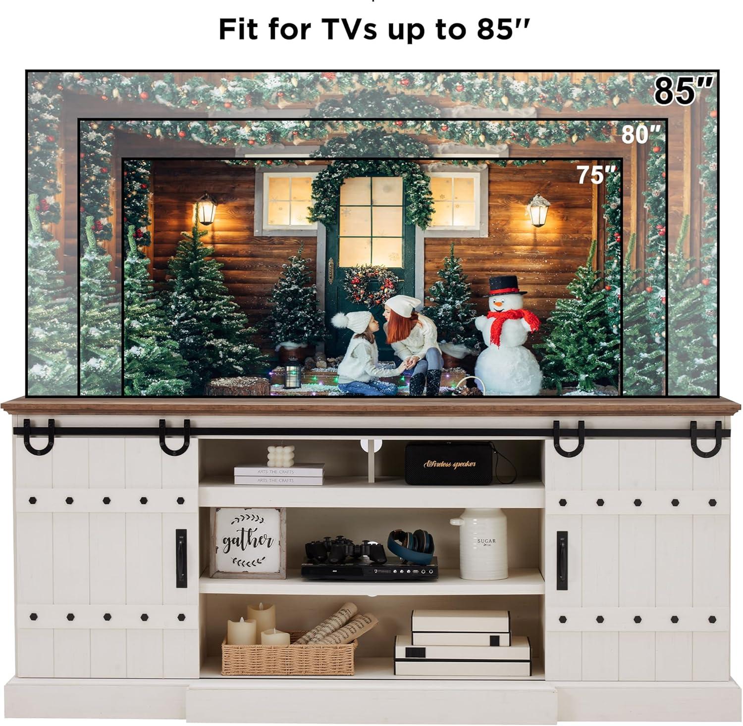 OKD 75" Wide Farmhouse Barn Door TV Stand for TVs up to 85", Entertainment Center with Wood Barn Door Storage Console, Dark Rustic Oak