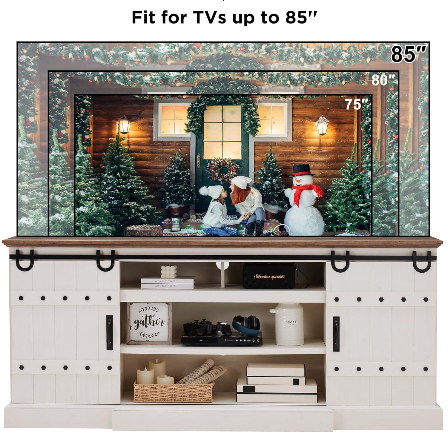 OKD 75" Wide Farmhouse Barn Door TV Stand for TVs up to 85", Entertainment Center with Wood Barn Door Storage Console, Dark Rustic Oak