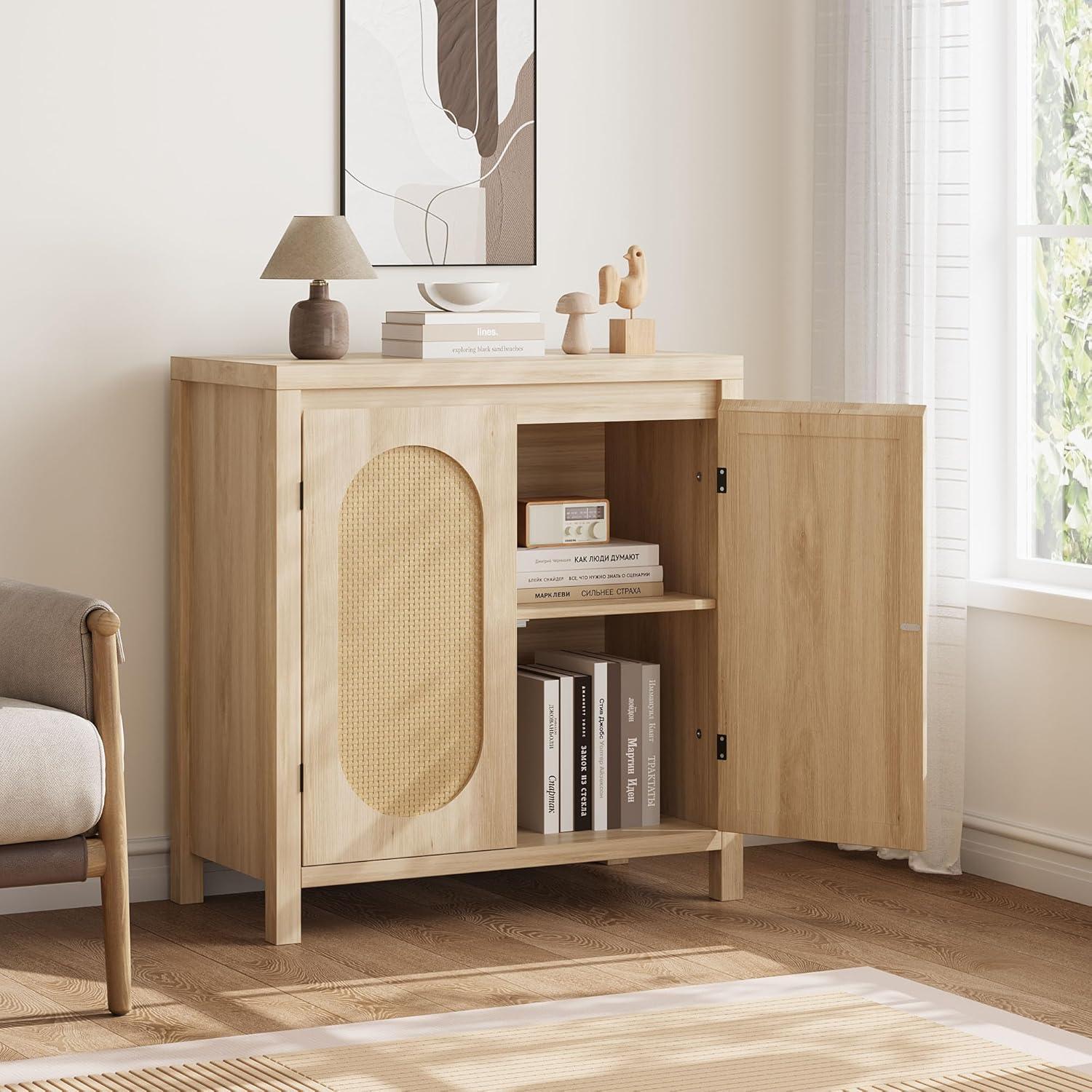 Rattan Storage Cabinet, Wooden Sideboard Buffet Cabinet with Doors and Shelves, Small Console Cabinet with Storage