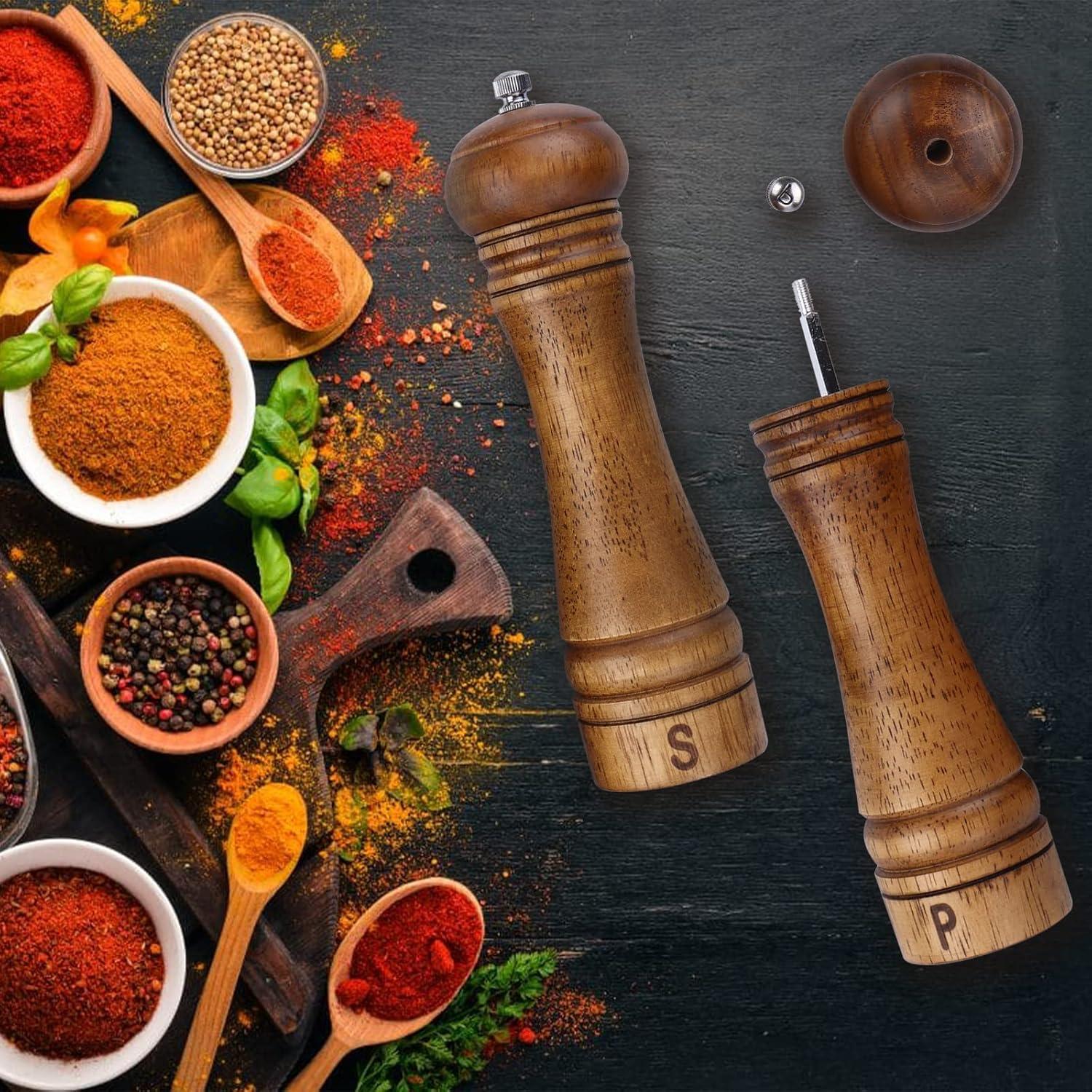 8-Inch Oak Wood Salt and Pepper Grinder Set with Ceramic Rotor