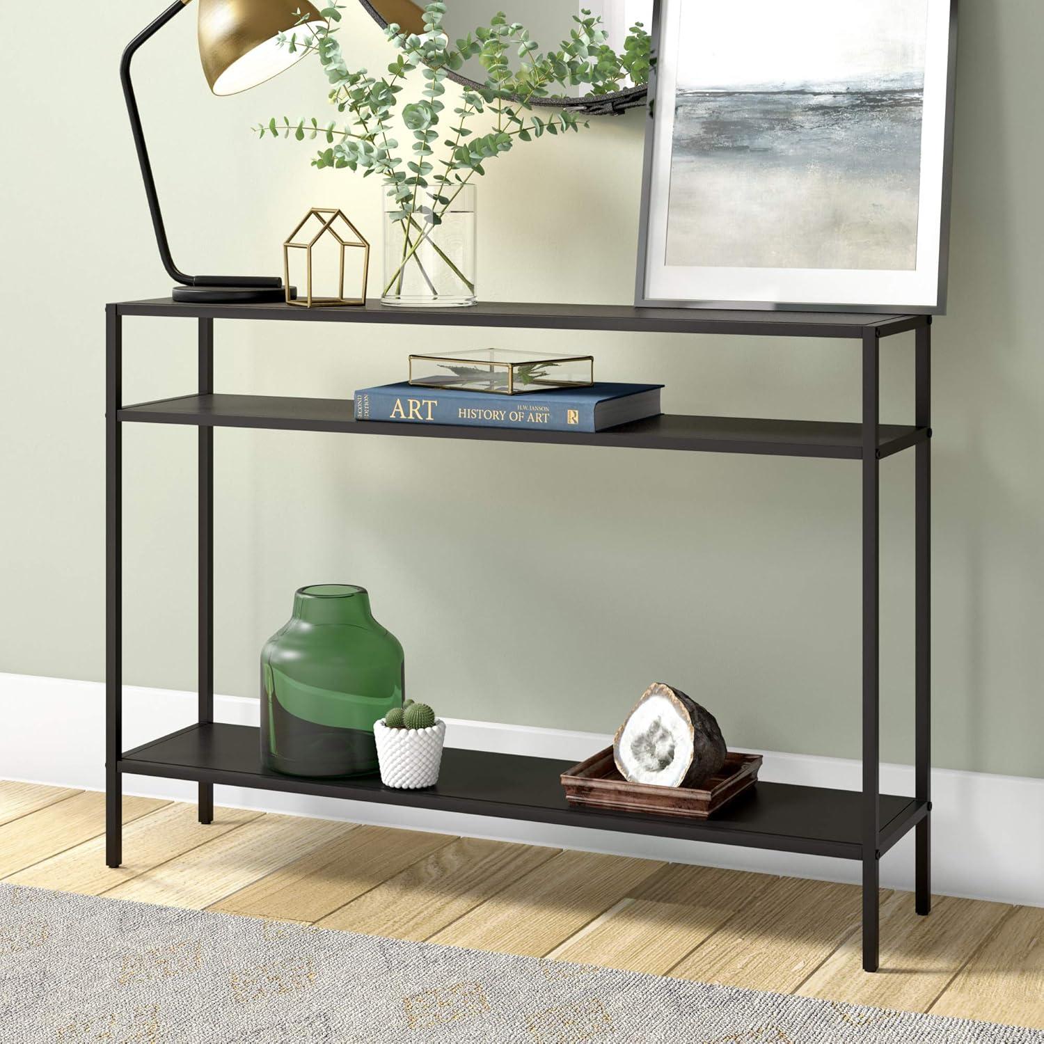 Evelyn&Zoe Ricardo 42" Wide Rectangular Console Table with Metal Shelves, Blackened Bronze