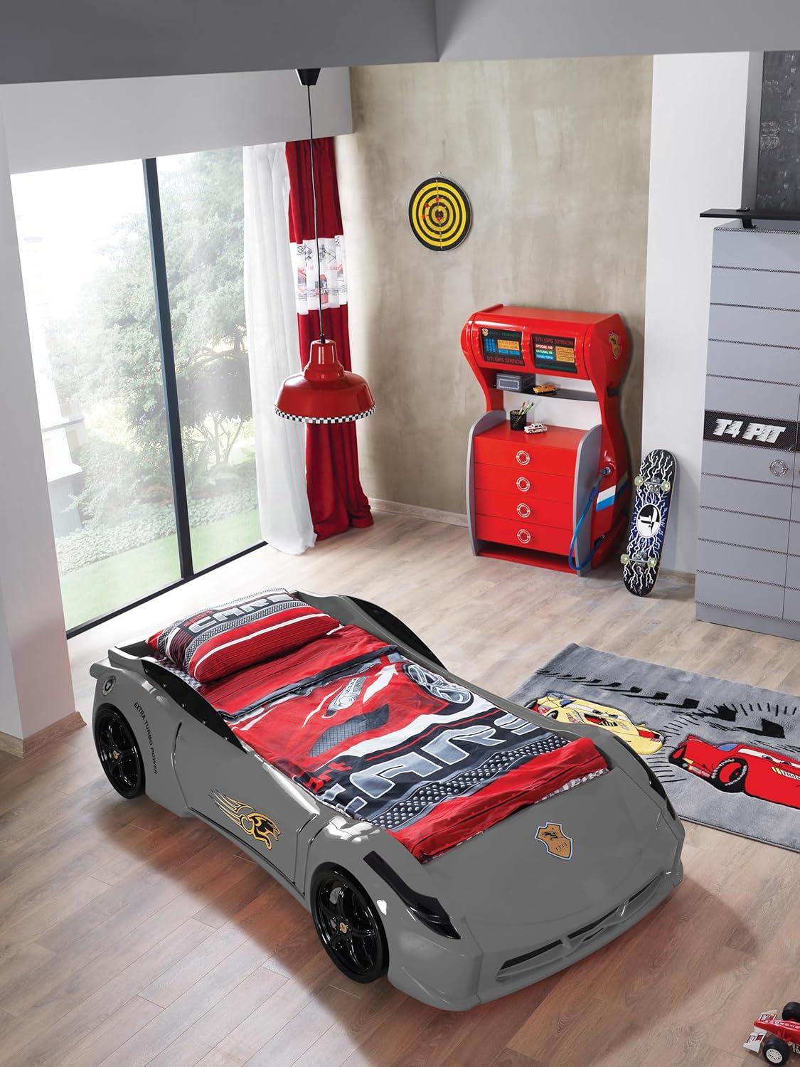 Titi Racer Modern Wood TT Twin Race Car Bed with Remote Control in Gray