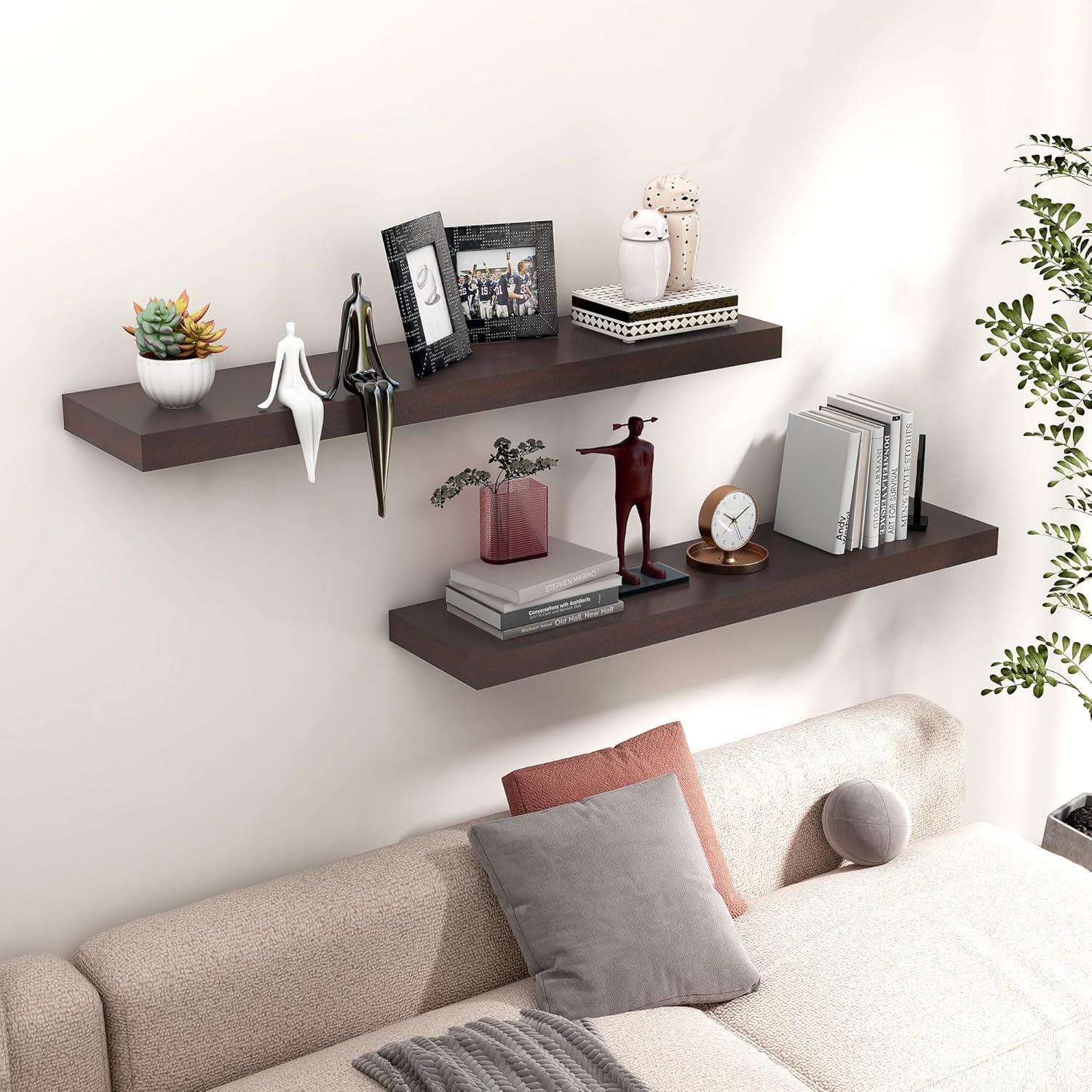 24 Inch Floating Shelves Set of 2, Rustic Solid Wood Wall Mounted Shelves for Decor & Storage, Dark Walnut Shelves for Bedroom Kitchen Living Room - Dark Walnut