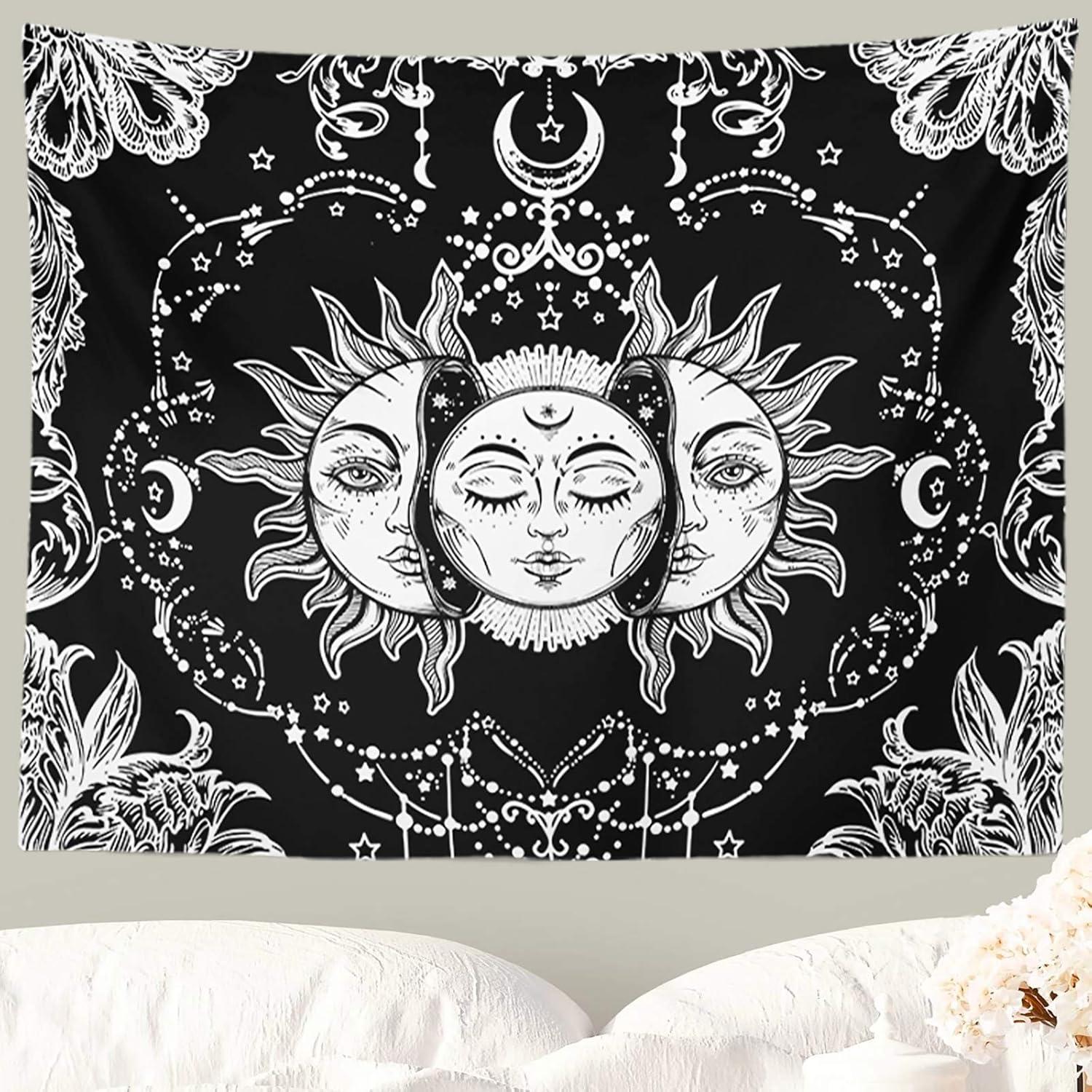 Ftuency Sun and Moon Tapestry, Black and White Tapestries Mystic Burning Sun with Star Wall Hanging decor for Bedroom (59" W x 51" L)