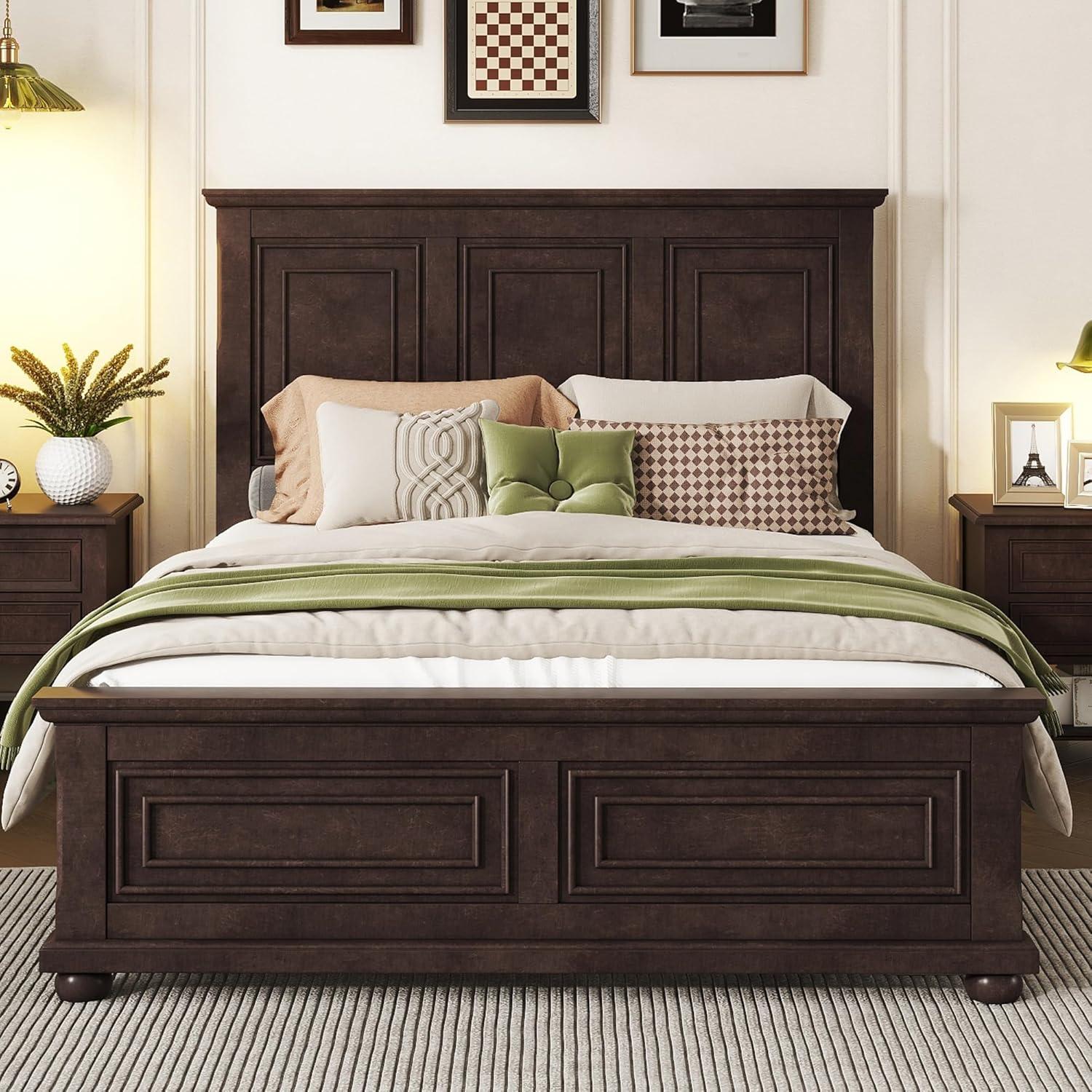 King Size Platform Bed with Tall Headboard & Footboard, Pinewood King Bed Frame with Wood Panel Bed Base, No Squeak, No Box Spring Needed, Traditional Style, Brown