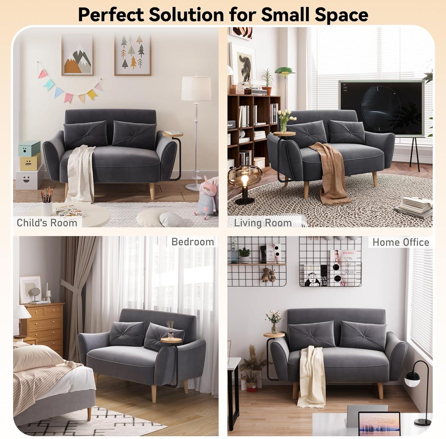 48" Loveseat Sofa，Small Sofas for Small Spaces，with 2 Pillows Convertible Sofa，for Living & Room，Children's Room，Apartment, Studio, Grey