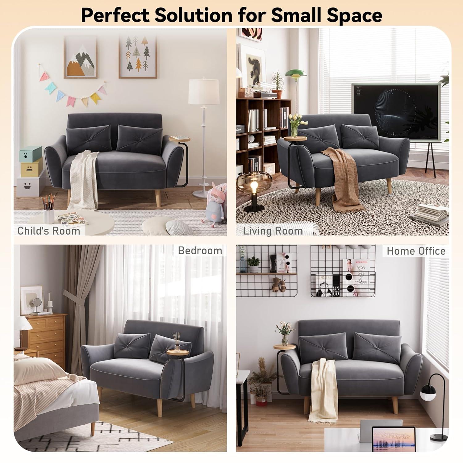 48" Loveseat Sofa，Small Sofas for Small Spaces，with 2 Pillows Convertible Sofa，for Living & Room，Children's Room，Apartment, Studio, Grey