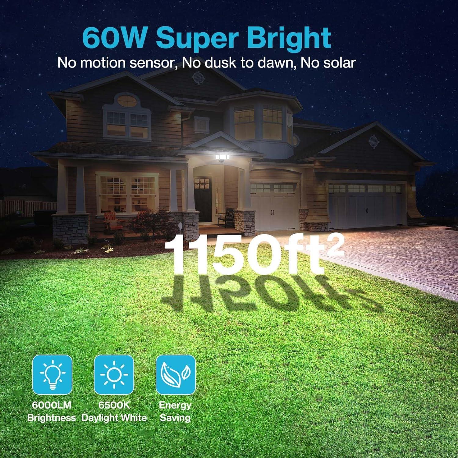 60W Flood Lights Outdoor, Switch Controlled 6000LM LED Security Lights, IP65 Waterproof Outside Floodlights, 6500K Exterior Flood Light Fixture Wired for House Yard Porch Eave Black