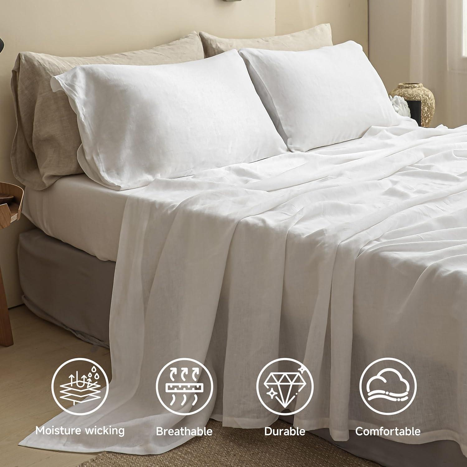 Simple&Opulence Belgian Linen Sheet Set Solid Color - 4 Pieces (1 Flat Sheet, 1 Fitted Sheet & 2 Pillowcases) Natural Flax Cotton Blend Soft Breathable Farmhouse Bedding - Full Size, White