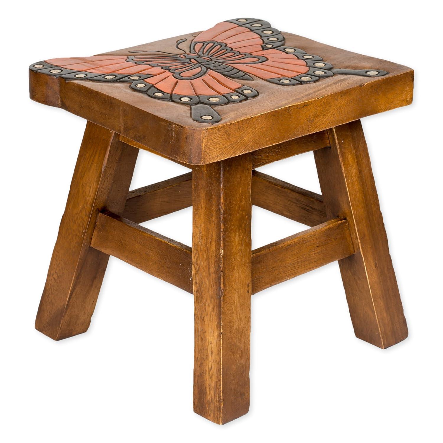 Monarch Butterfly Hand Carved Acacia Hardwood Decorative Short Stool