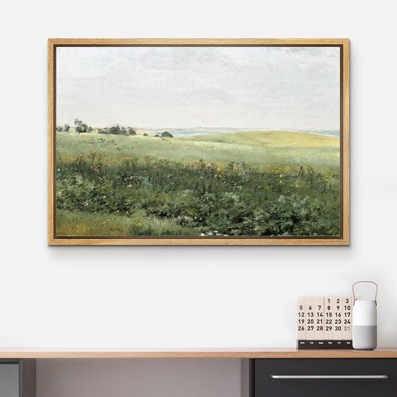 Green Meadow Hillside Wildflowers Field Nature Landscape Wall Art Framed On Canvas Painting Print