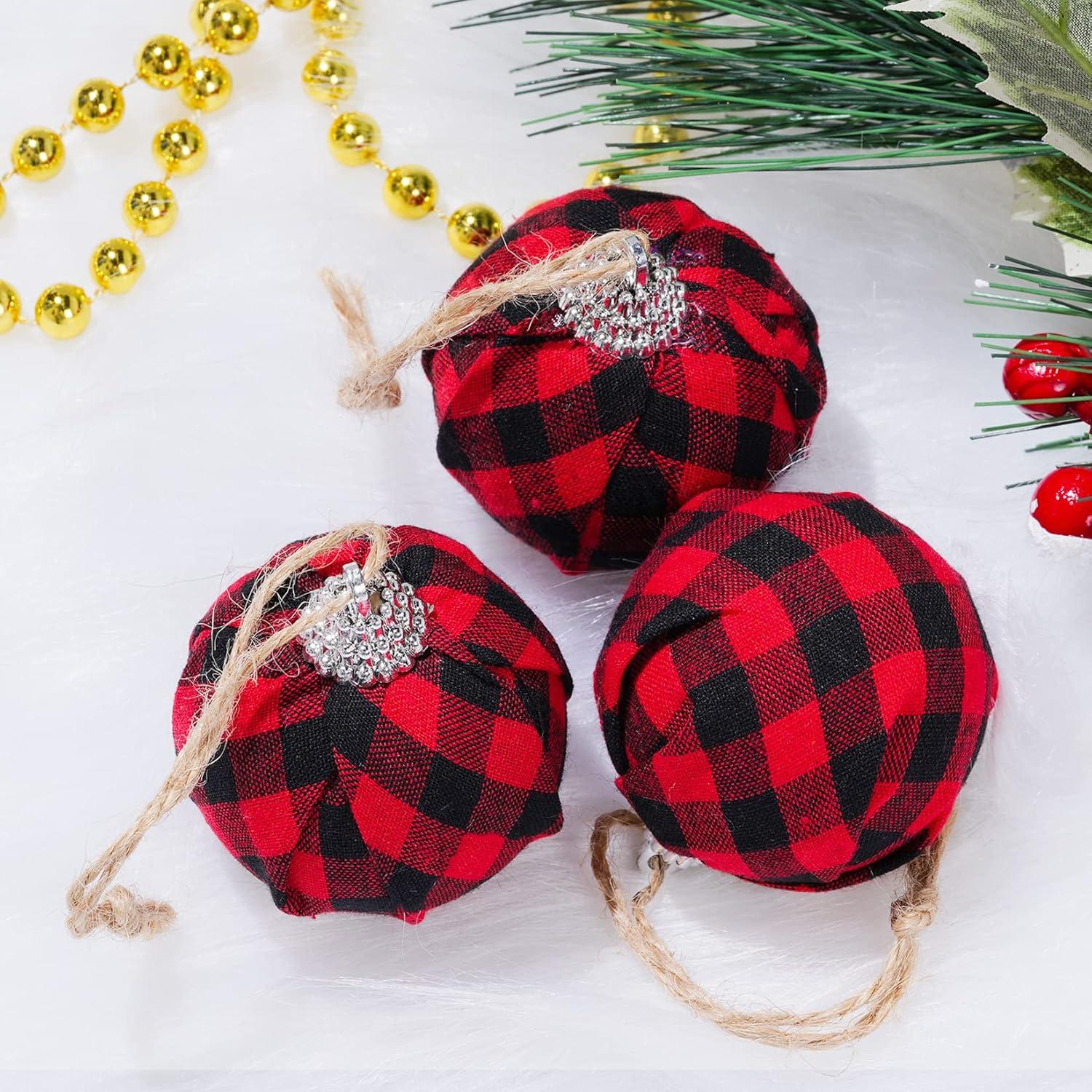 Farmhouse Christams Buffalo Plaid Ball Ornaments, Decorative Plaid Ball Hanging Ornament, for Christmas Decorations Supplies (Red and Black,12 Pieces)