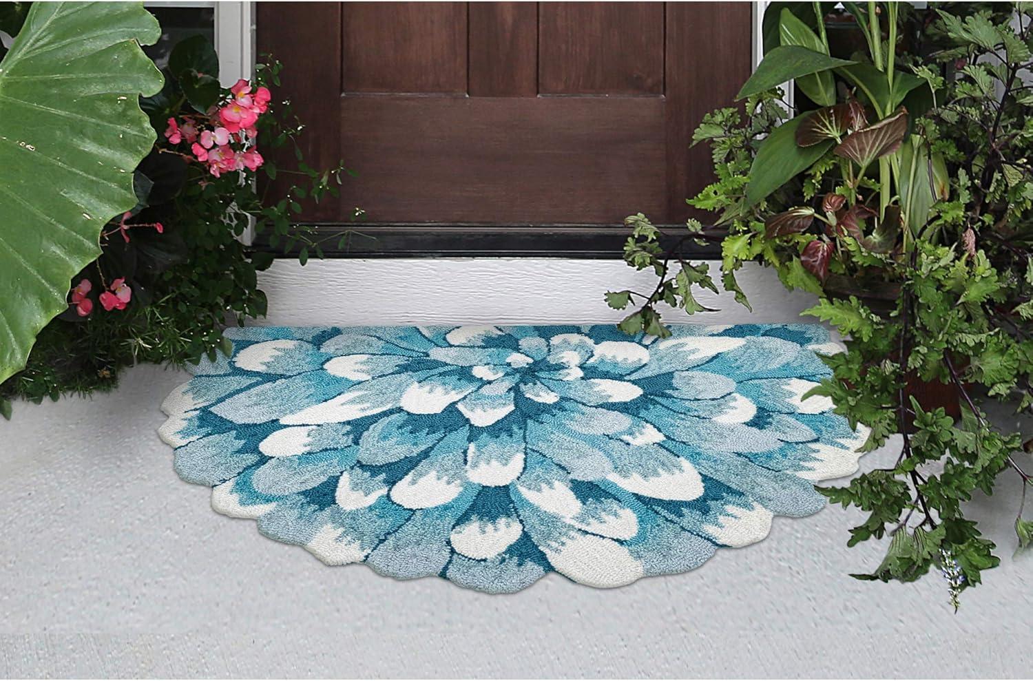 Aqua and White Floral Tufted Half Circle Rug