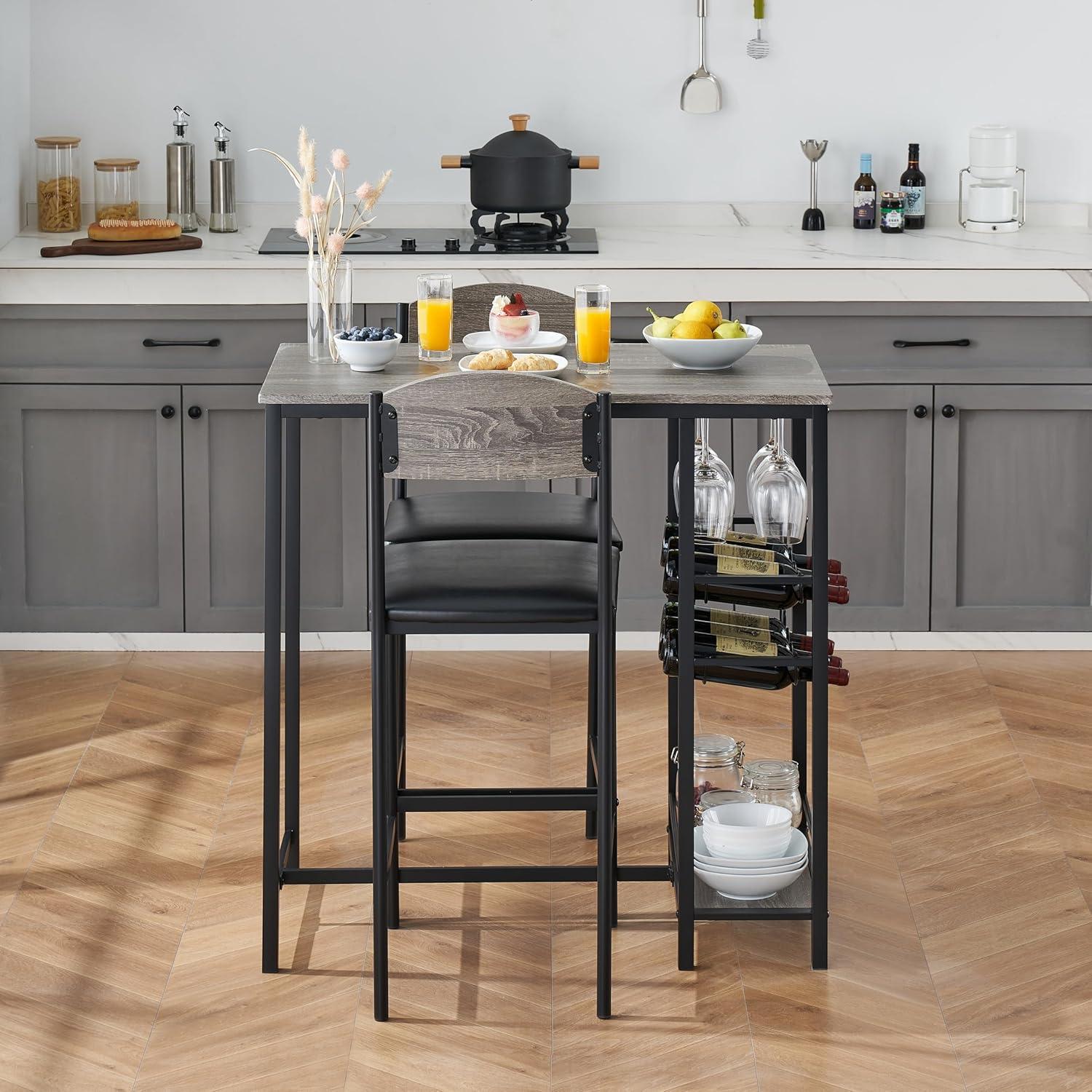 Bar Table Set for 2 with Footrest, Kitchen Dining Table with 2 Upholstered Chairs, Small Space Counter Height Barstools for Counter Bar, Sturdy and Durable, Easy to Assemble, Gray