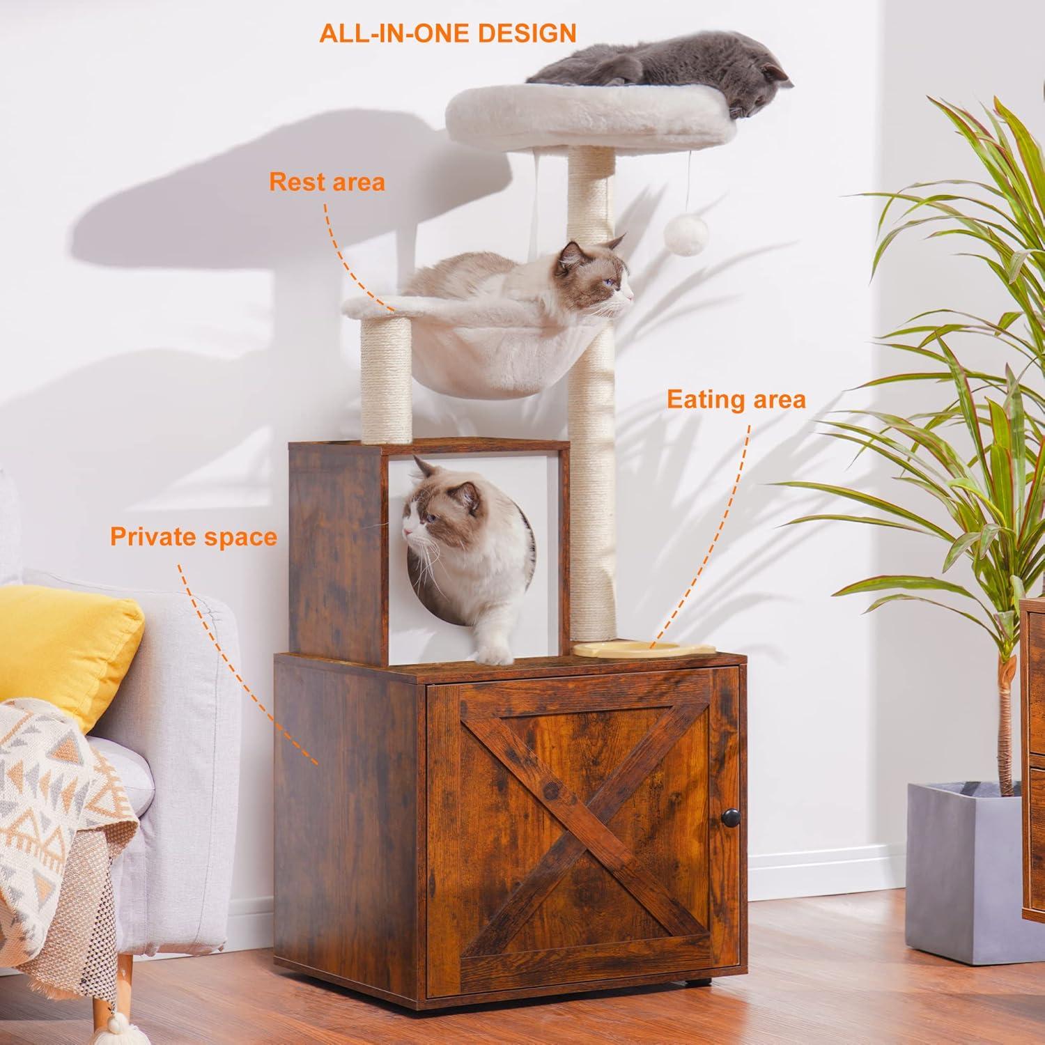 Wood Litter Box Enclosure with Food Station, All-in-one Indoor Cat Furniture with Large Platform and Condo