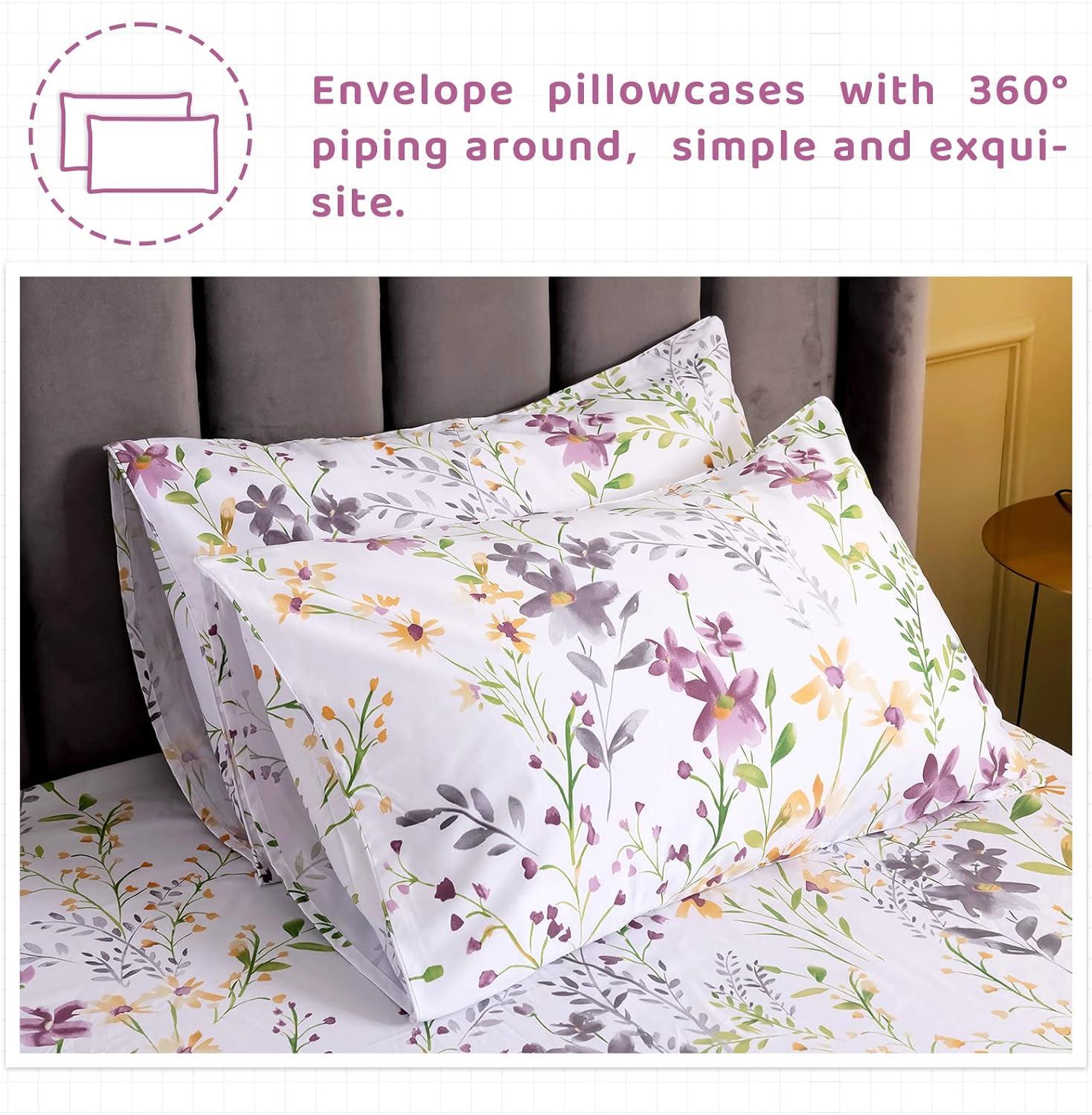 QSH Floral Queen Size Sheet Sets - Yellow Wild Flower Botanical Pattern Egyptian Cotton Printed Bedding Sheets Set Queen Size Bed Extra Breathable 4pcs Queen Sheet Set Deep Pocket 17.5"