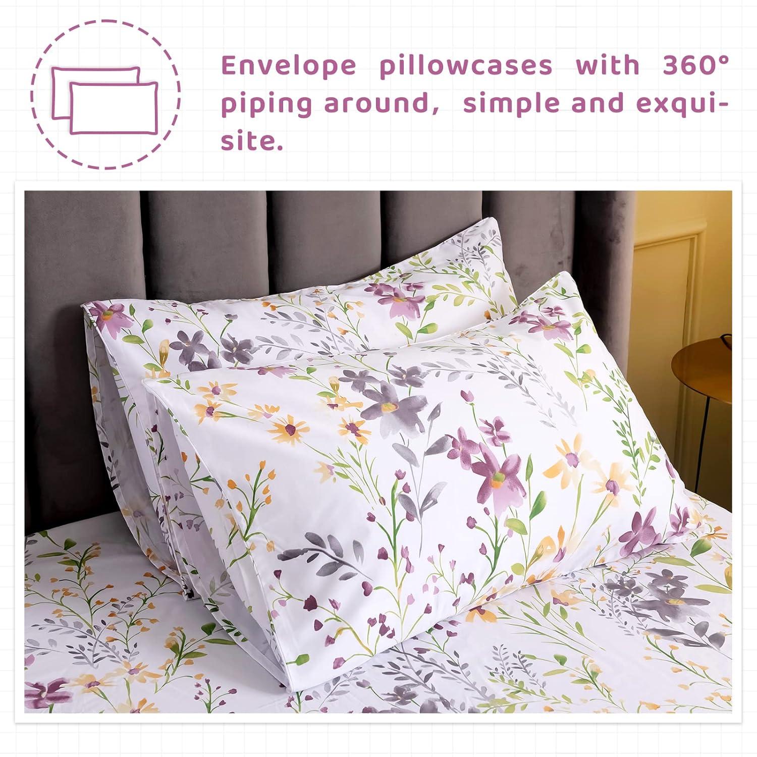 QSH Floral Queen Size Sheet Sets - Yellow Wild Flower Botanical Pattern Egyptian Cotton Printed Bedding Sheets Set Queen Size Bed Extra Breathable 4pcs Queen Sheet Set Deep Pocket 17.5"