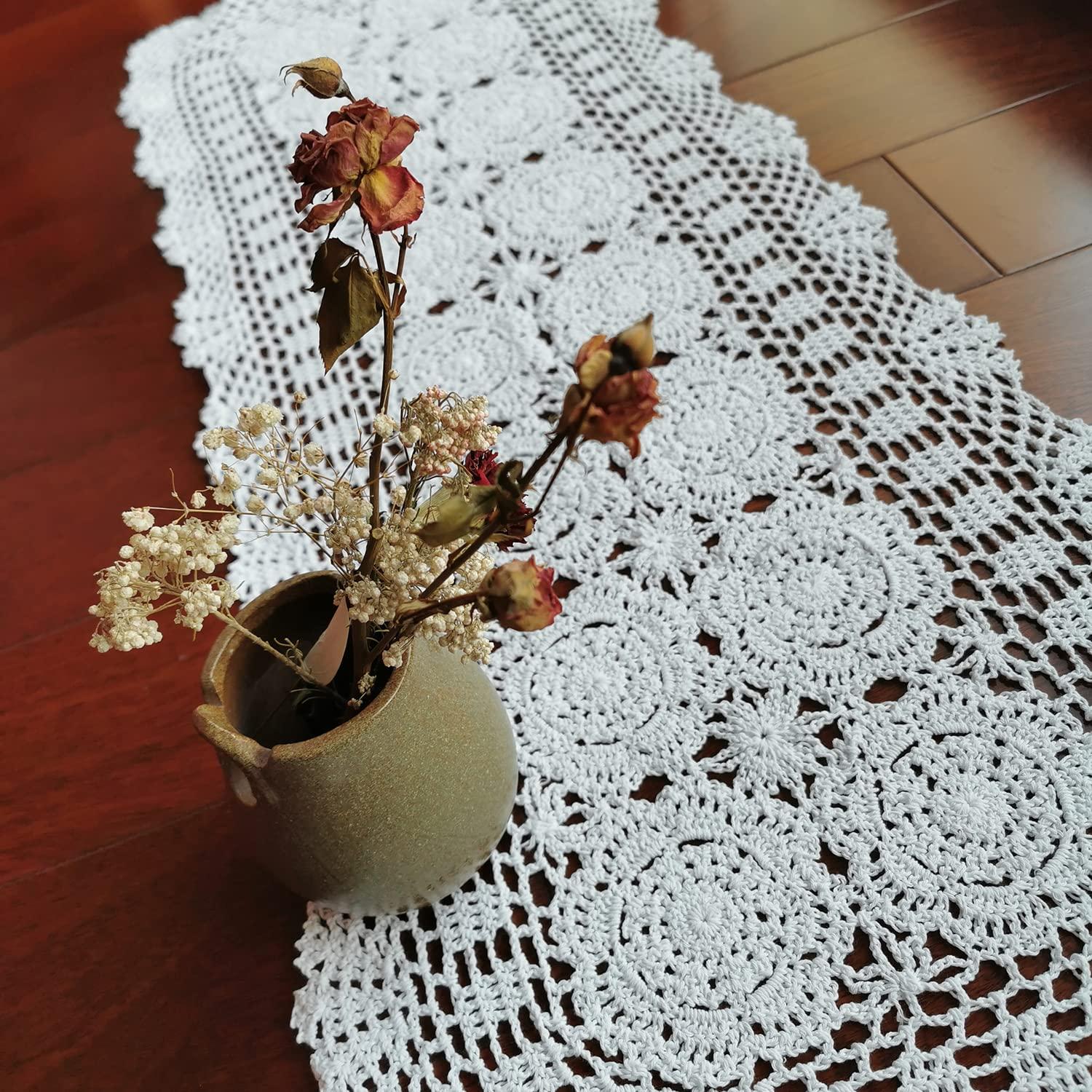 Phantomon Lace Table Runner Rectangular Table Cover Cloth Handmade Crochet Floral Placemats 100% Cotton (Floral Beige, 15x28Inch)