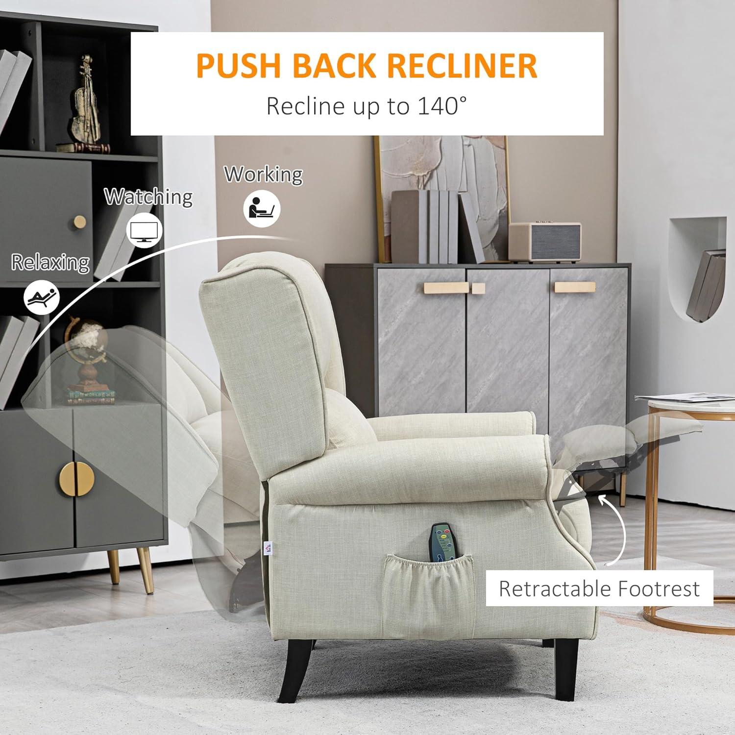 HOMCOM Vibration Massage Recliner Chair for Living Room with Heat, Wingback Single Sofa, Modern Linen Fabric Push Back Reclining Chair with Footrest, Side Pocket, Beige