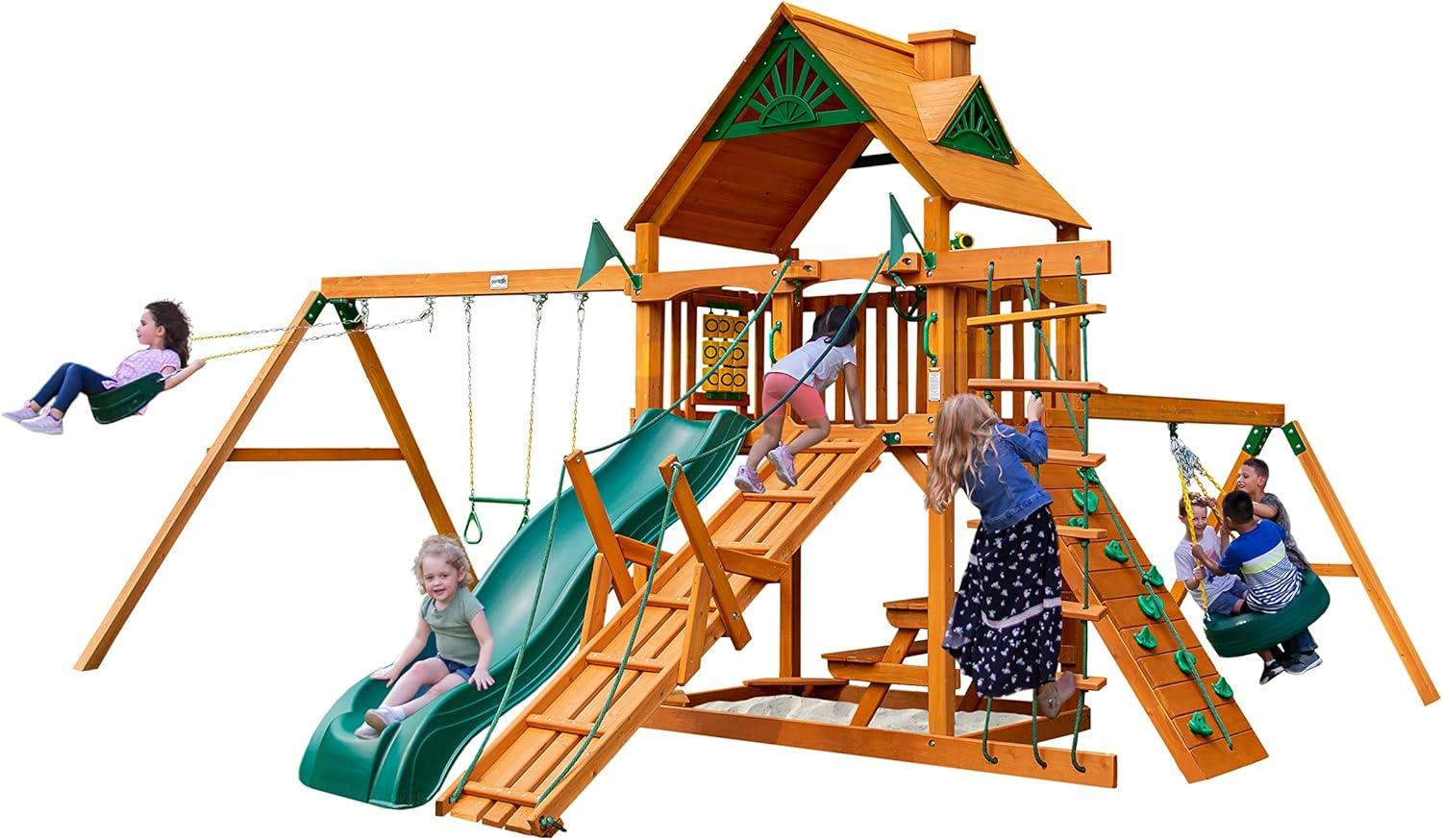 Gorilla Playsets Frontier Wooden Swing Set with Tire Swing, 2 Belt Swing, and Built-in Picnic Table