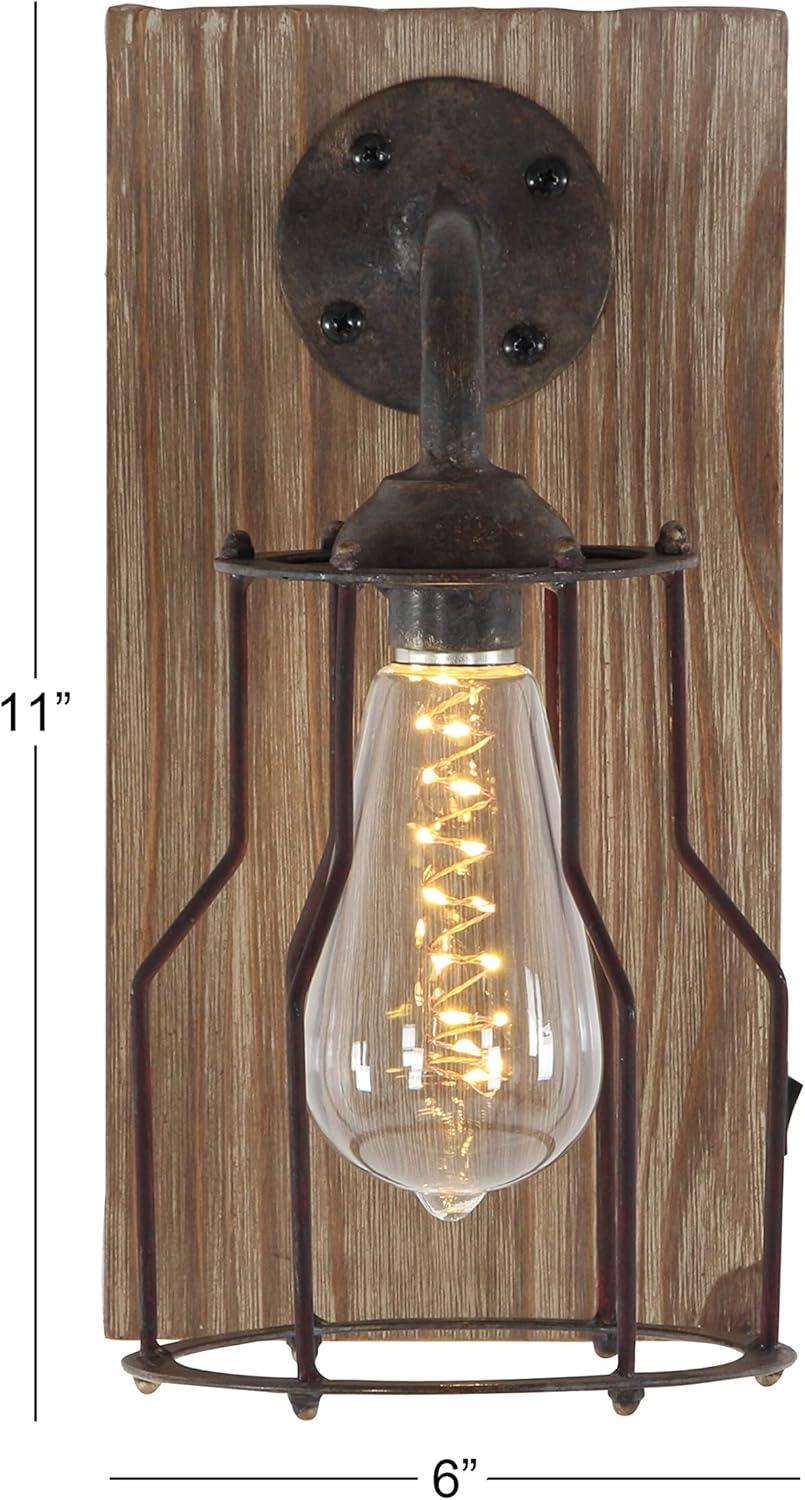 DecMode Industrial Metal Wall Sconce with Wood Backplate and Iron Cage, 6"W x 11"H Features Rustic Brown Finish