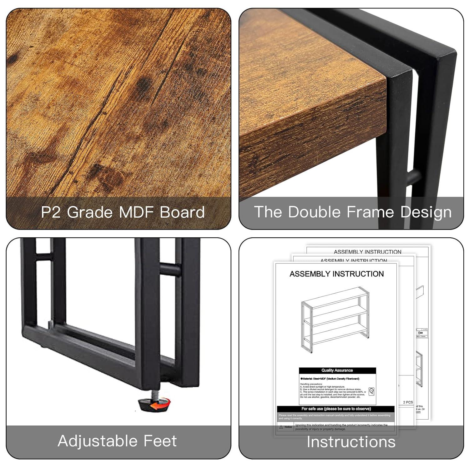 HCHQHS 3-Tier Rustic Wood and Metal Industrial Bookshelf for Home Office, Bedroom, Kitchen, Bathroom - 47in