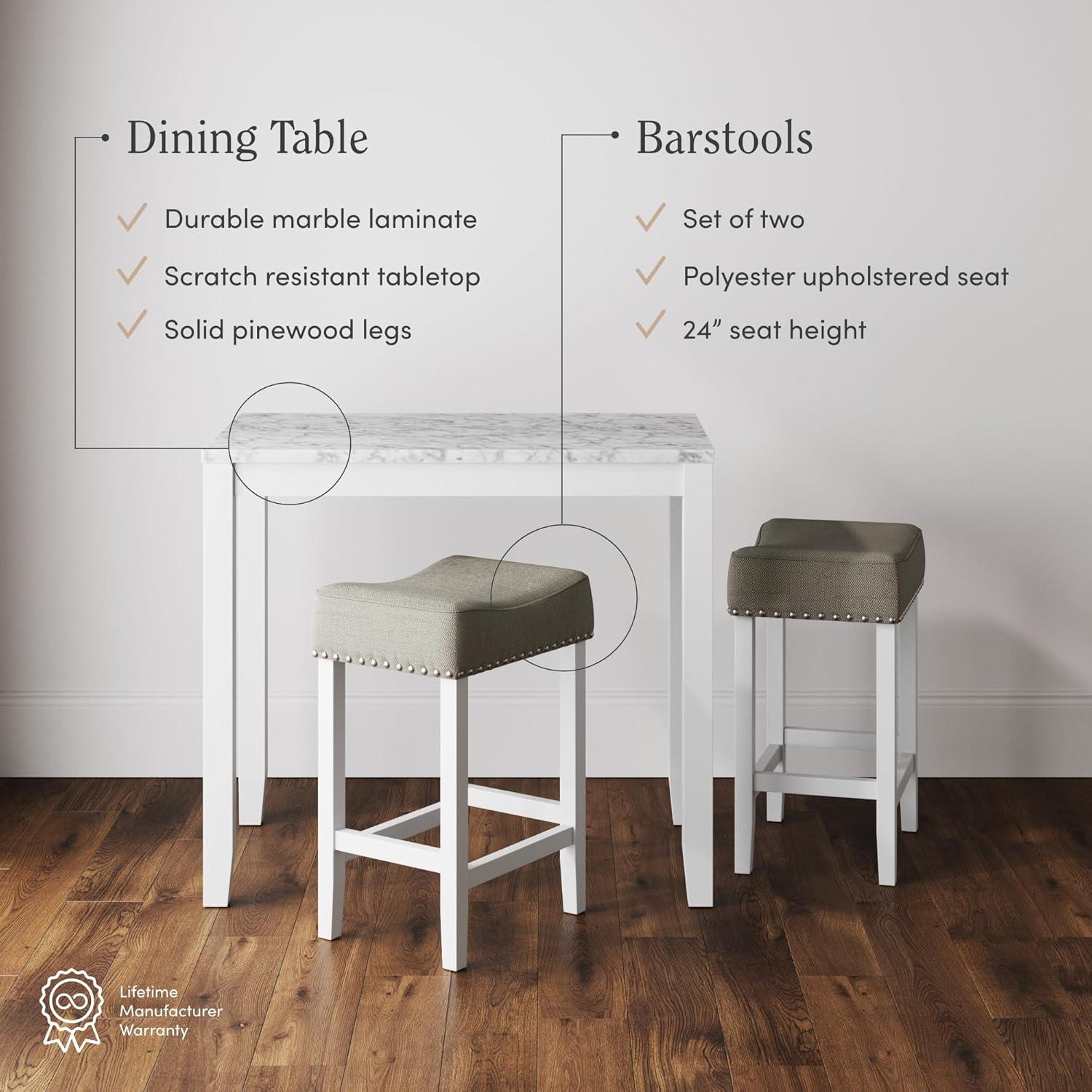 38&#34; Solid Wood Pub Dining Table and Stool Set White Marble/Light Gray Linen - Nathan James