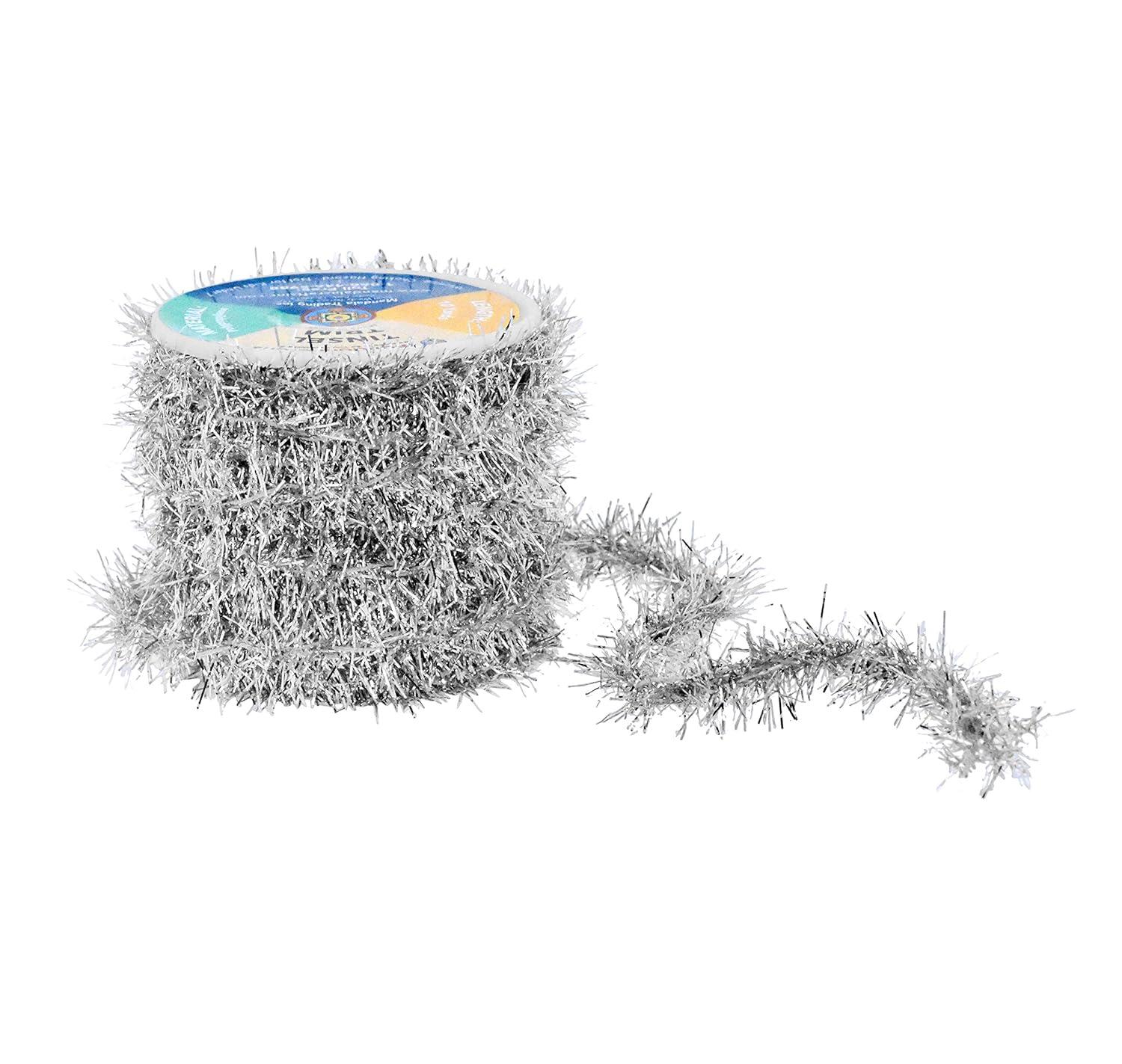 Mandala Crafts Tinsel Garland Décor - Thin Tinsel Ribbon - Metallic Mini Garland with Wire for Christmas Tree Decoration Wedding Birthday Party Supplies Silver 0.75 Inch 10 Yards