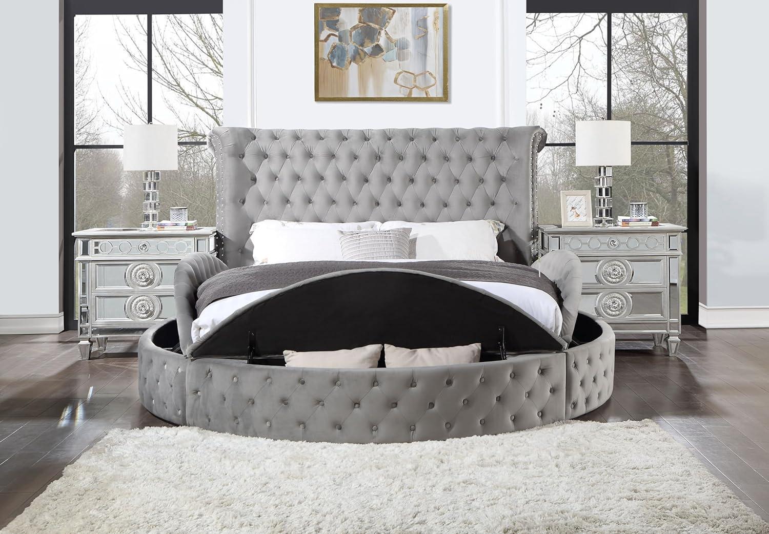109" Queen Bed Gaiva Bed Gray Velvet - Acme Furniture: Elegant Nailhead, Button-Tufted Design, Wood Composite Frame
