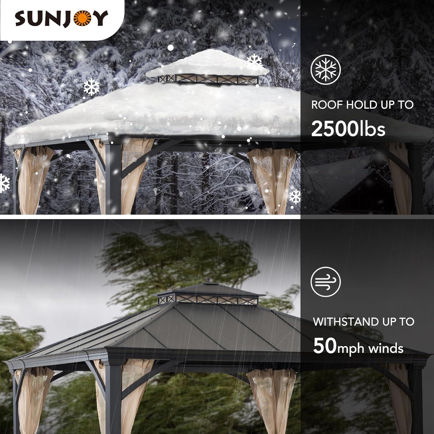 Sunjoy Hardtop Gazebo 11 x 13 ft. Outdoor Patio Black Anti-Rust Aluminum Frame Gazebo, Double Tiered Gazebo with Ceiling Hook and Mesh Netting, Black