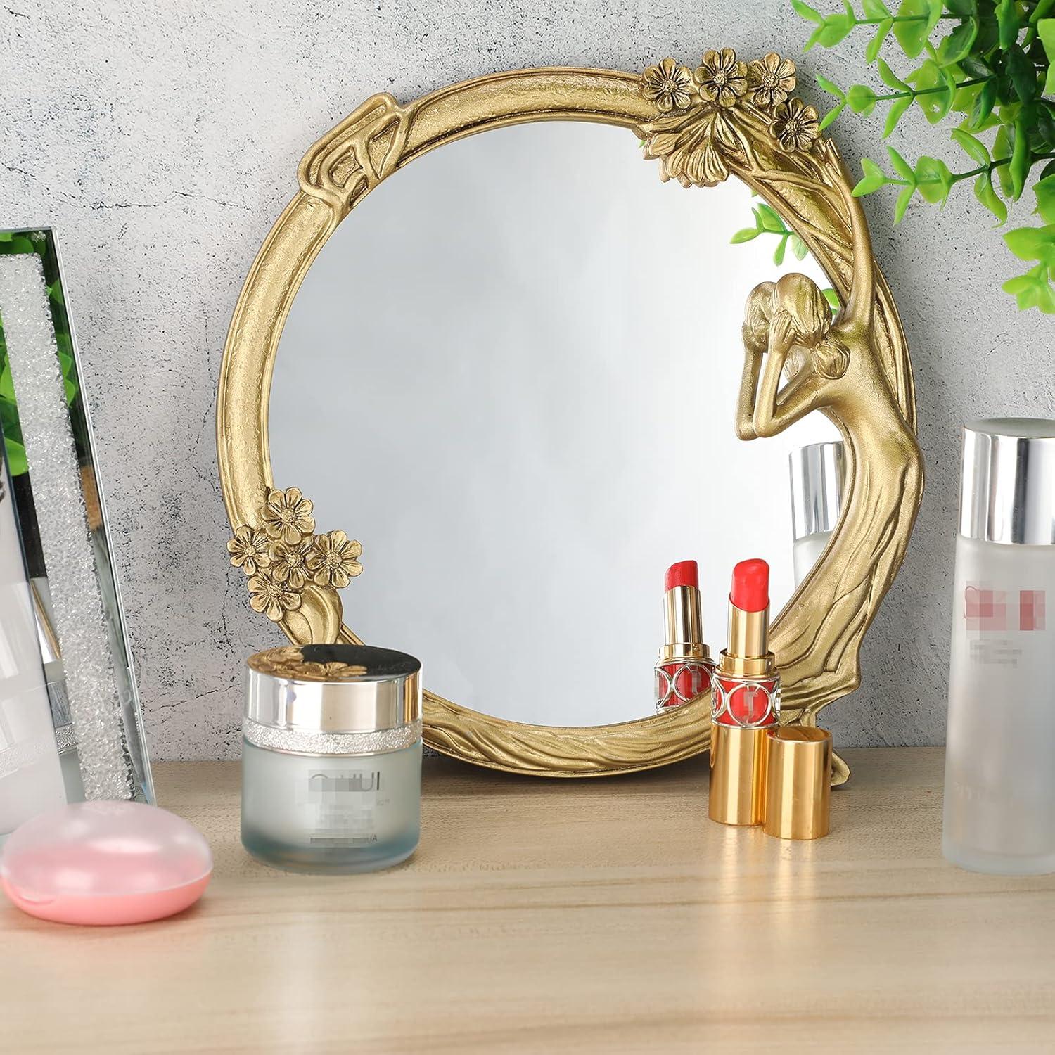 XGZHP2 Add Luxury European Vintage Resin Relief Mirror to Your Collection - Elegant Golden Decor for Dressing & Makeup - Timeless Antique-Style Prop with Feminine Charm - Perfect for Phot