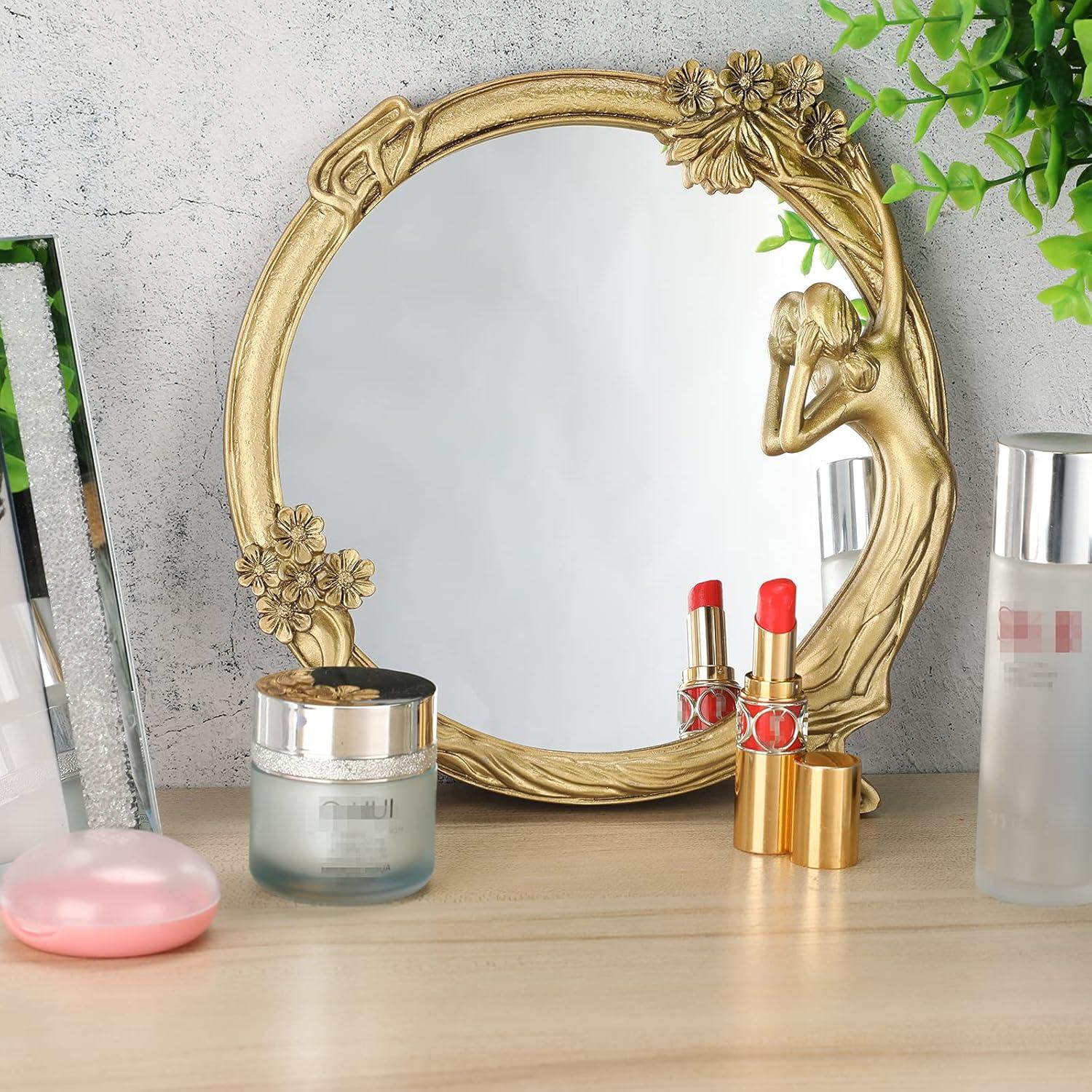 XGZHP2 Add Luxury European Vintage Resin Relief Mirror to Your Collection - Elegant Golden Decor for Dressing & Makeup - Timeless Antique-Style Prop with Feminine Charm - Perfect for Phot