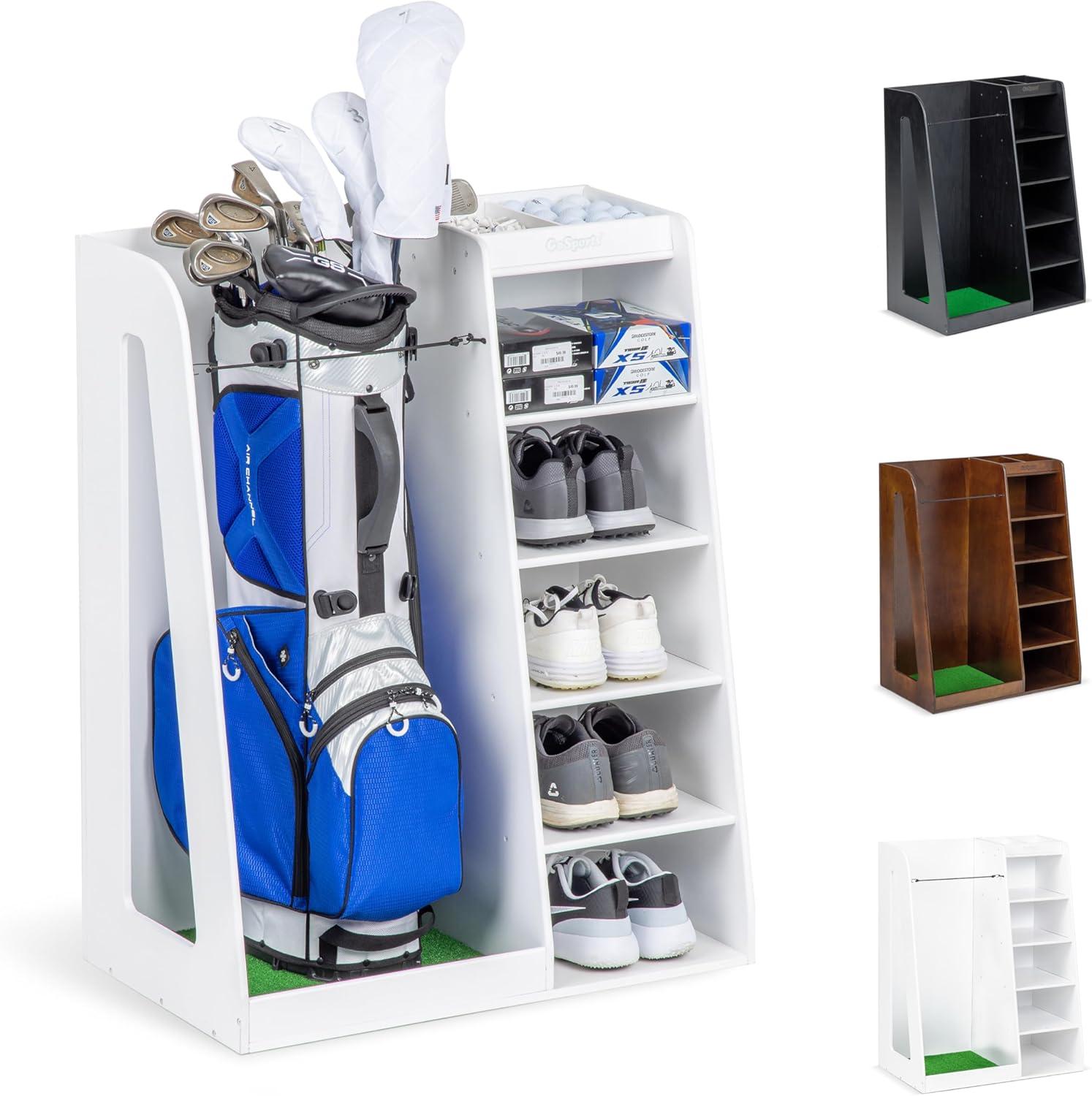 GoSports Premium Wooden Freestanding Golf Bag Organizer and Storage Rack