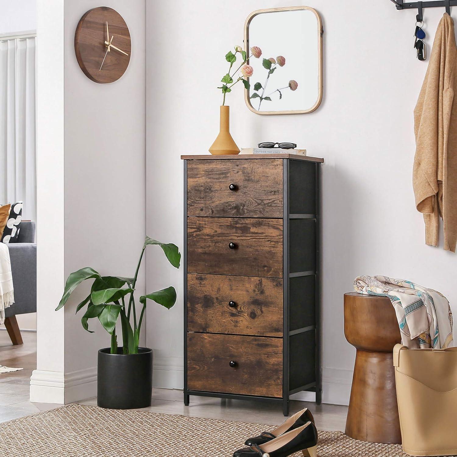 Rustic Brown and Black 4-Drawer Fabric Dresser with Wooden Top