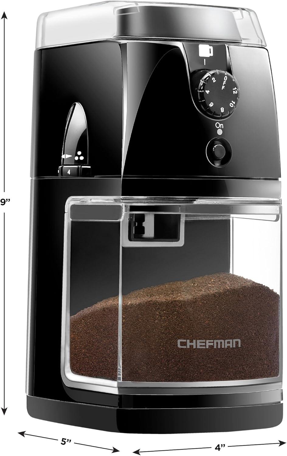 Chefman Coffee Grinder Electric Burr Mill 8oz Beans Large Hopper Easy One Touch Operation, Cleaning Brush Included Black